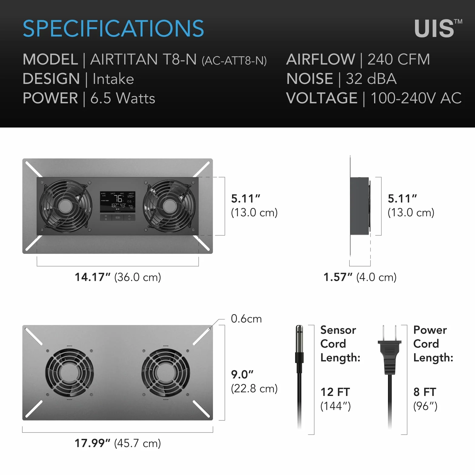 AC Infinity AIRTITAN T8-N, Ventilador para Sótano y Espacio de Rastreo, Compatible con Aplicación WiFi, Controlador de Temperatura y Humedad, Clasificación IP-55, Entrada
