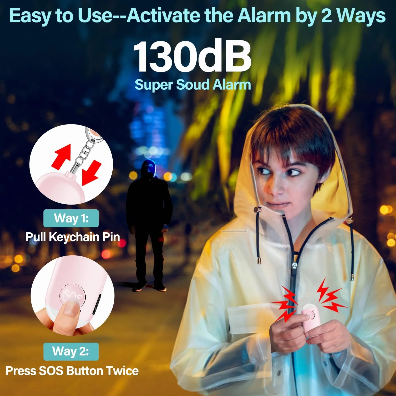 Alarma Personal Autodefensa de Bolsillo Hion - Llavero de Defensa Personal Recargable 130 dB con Iluminación LED para Mujeres, Niños y Personas Mayores - Potente y Confiable(Rosa, 1)