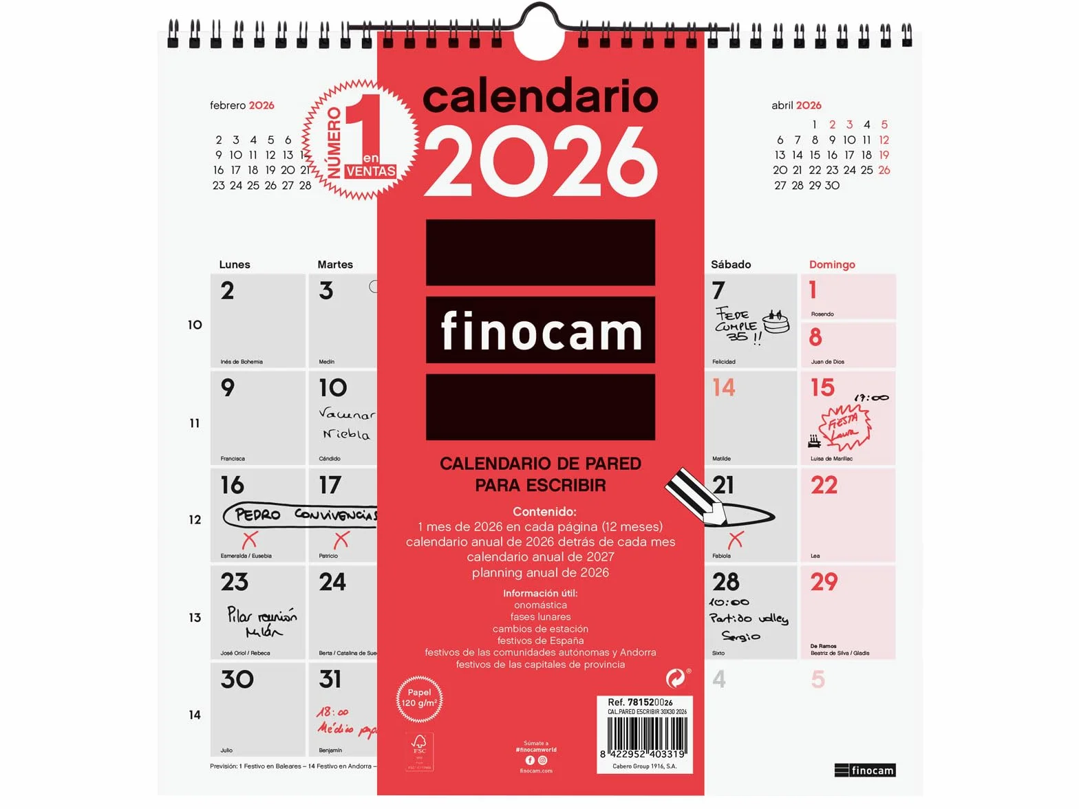 Calendario de pared 2026 Mes Vista Enero - Diciembre 12 meses Planificador mensual Español