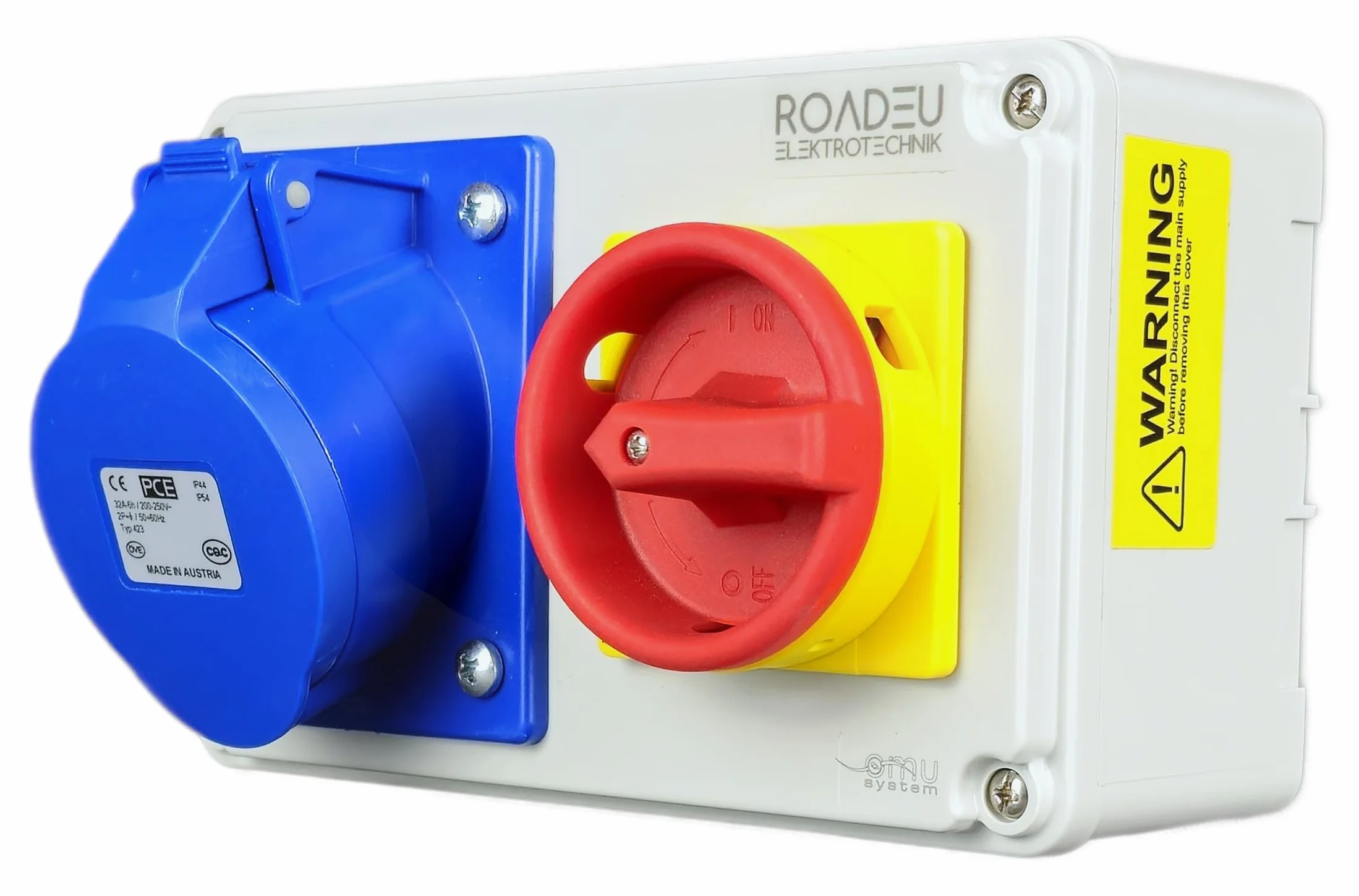 RoadEu - Enchufe de pared CEE 32A 3P 230V con interruptor principal 0-1 - Distribuidor de corriente con bloqueo - IP44 resistente a la intemperie - para taller, jardín, garaje