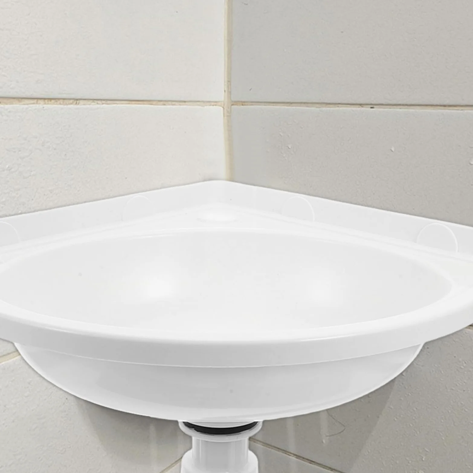 Veemoon Lavabo Pequeño de Esquina Montado Pared Blanco, de Plástico y Acero Inoxidable, Diseño Triangular Moderno para Optimizar Espacios en Baños Pequeños