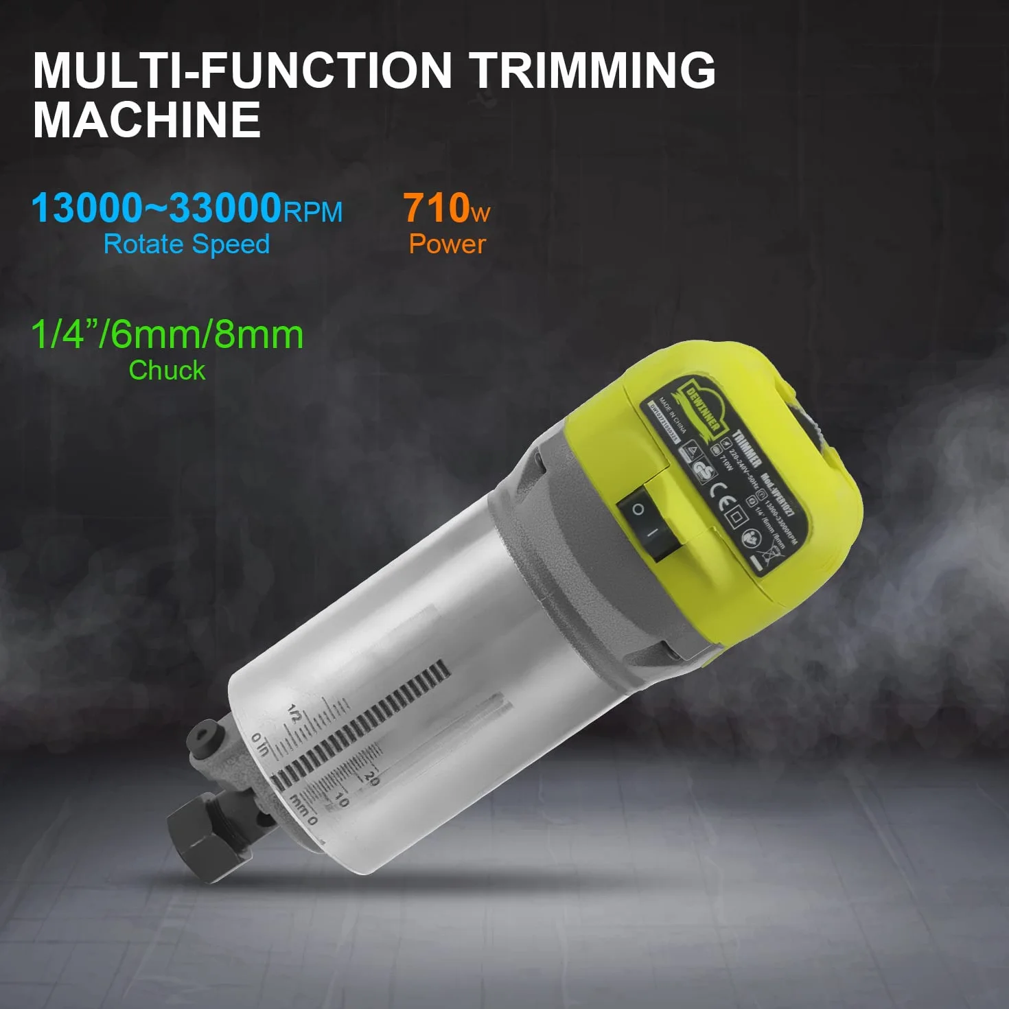 Fresadora de Madera Rebajadora Eléctrica, DEWINNER Desmoladora Eléctrica compacta 220 V, 710 W, 3 Bases Incluidas, 3 Pinzas de 1/4 Pulgadas, 6 mm y 8 mm, 5 Fresas de Carburo