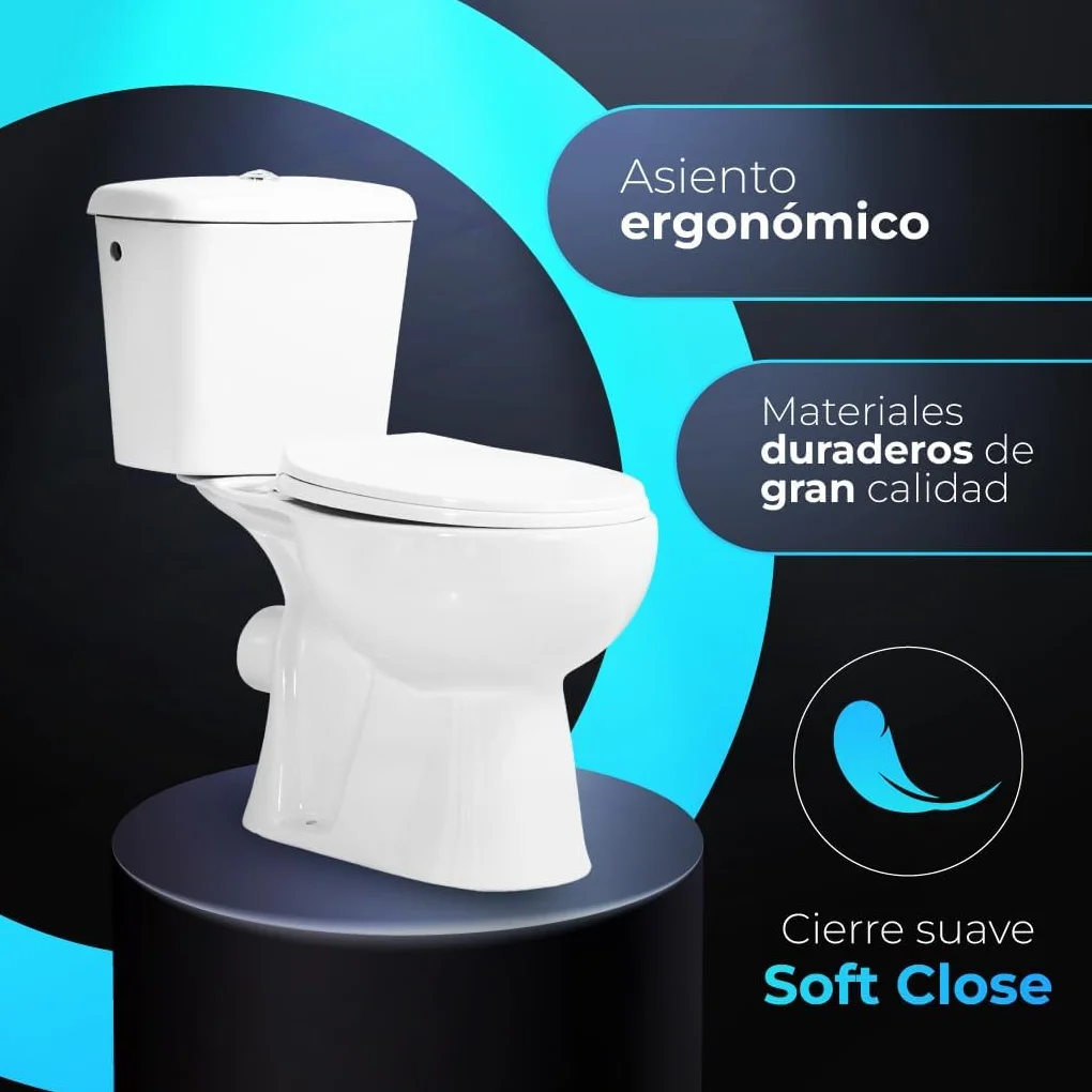 Inodoro Blanco, Wc Inodoro COMPLETO, Retrete para Hogar, Sistema ANTIBACTERIA, Tapa Dura Extrafina AMORTIGUADA, Salida Horizontal
