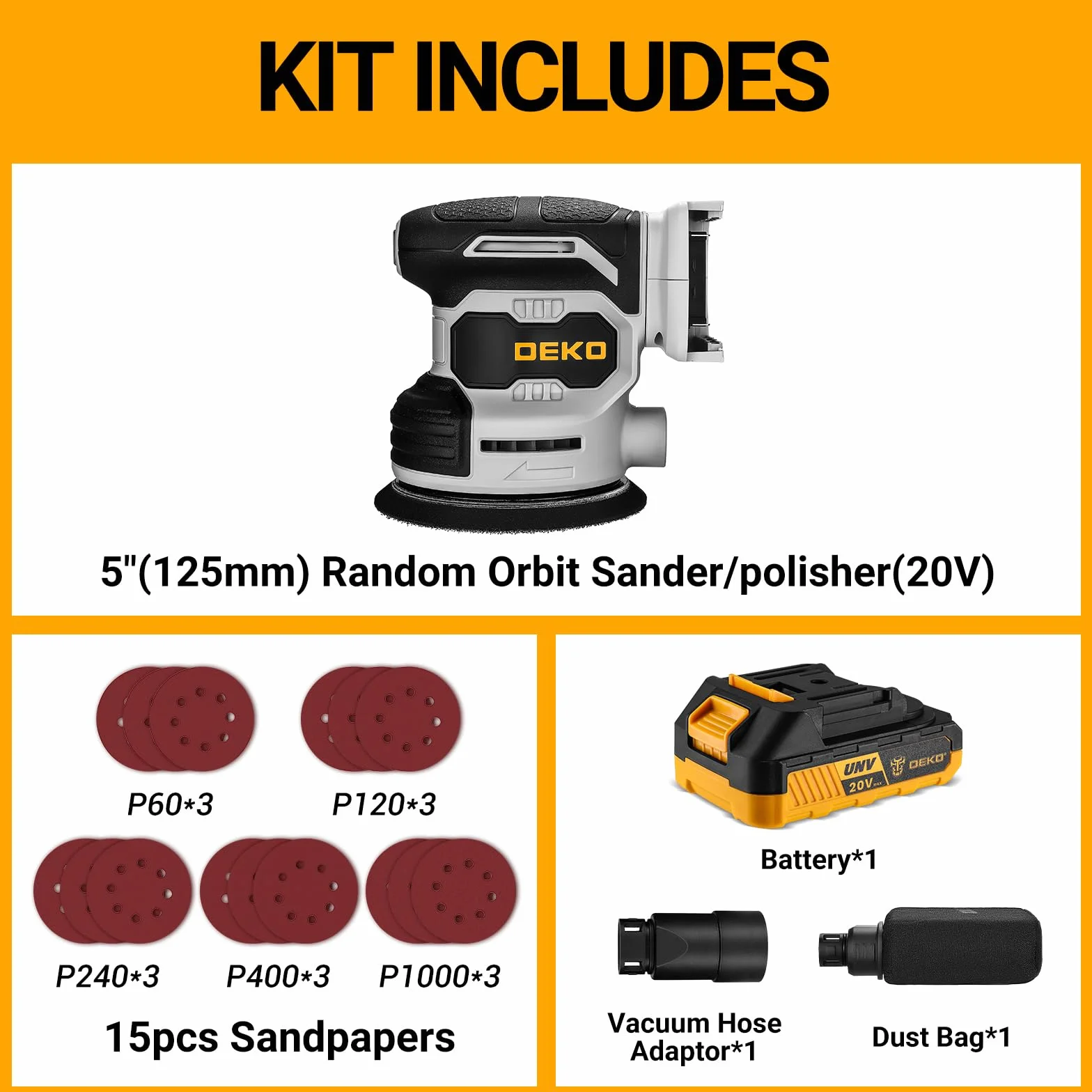 DEKOPRO 20V Lijadora Excéntrica Inalámbrica con 1 Batería de 2,0 Ah, Lijadora de 125 mm Madera 13000 RPM, Incluye 15 Hojas de Lija, Apta para Proyectos de Bricolaje en Madera, Gris