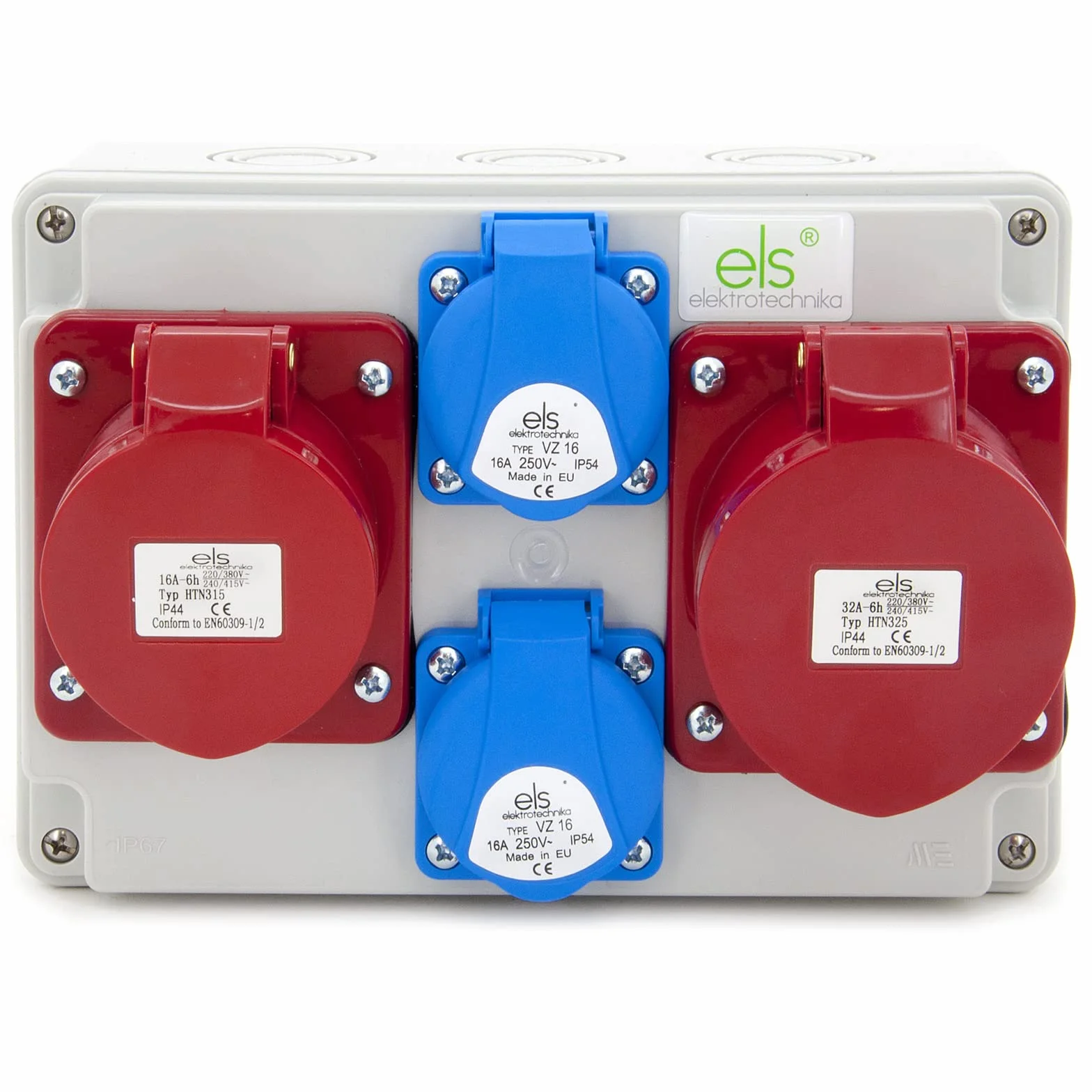 ELS Elektrotechnika Distribuidor de corriente de pared 2 x 230 V Schuko + 1 x CEE 32 A + 1 x CEE 16 A, distribuidor de corriente para interiores y exteriores, talleres y fábricas
