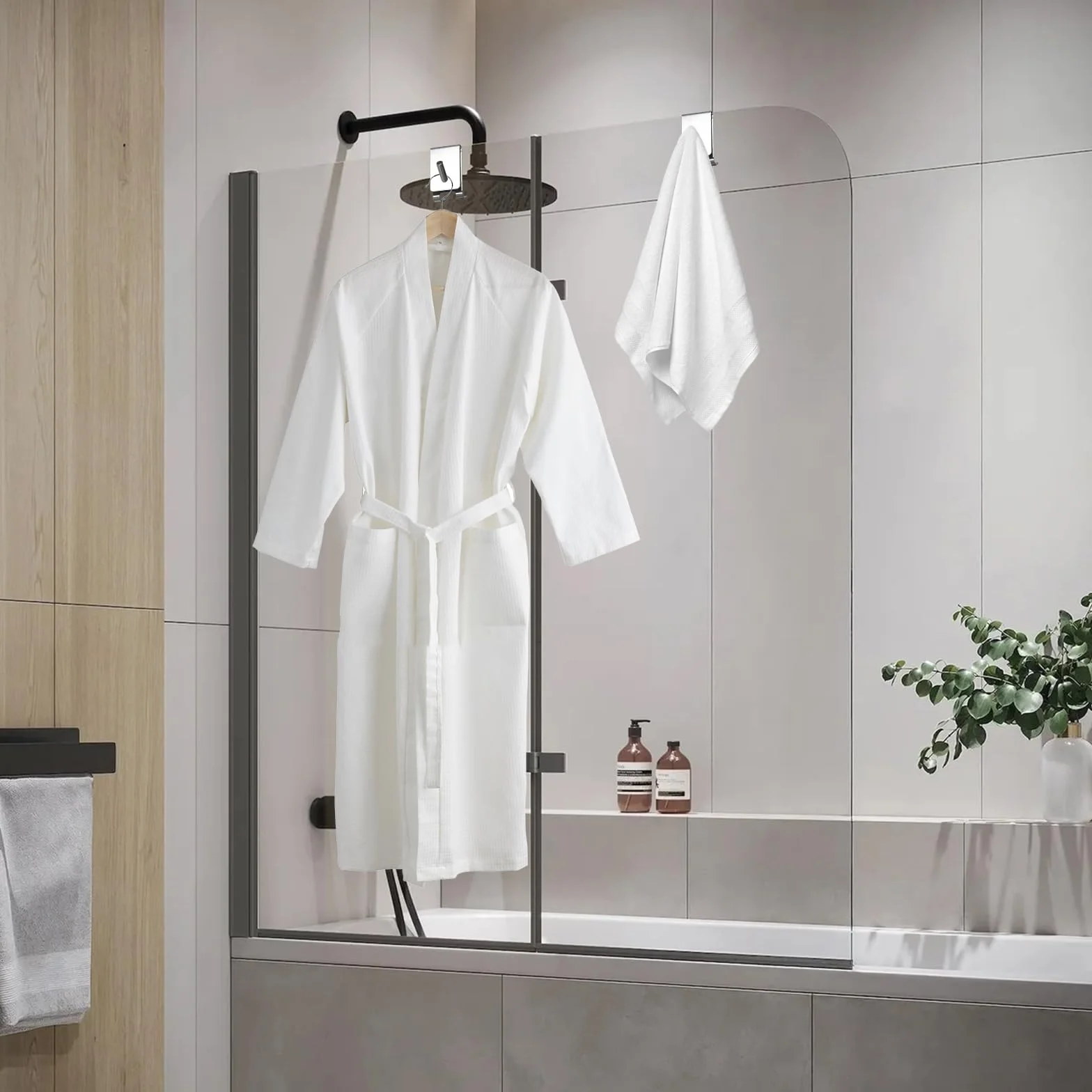 2 Piezas Ganchos Mampara Ducha, Colgador Toalla Mampara Ducha con Almohadilla de EVA, Perchas Baño sin Taladro de Acero Inoxidable, Apta para Vidrios sin Marco de 5-10 mm (Plateado)