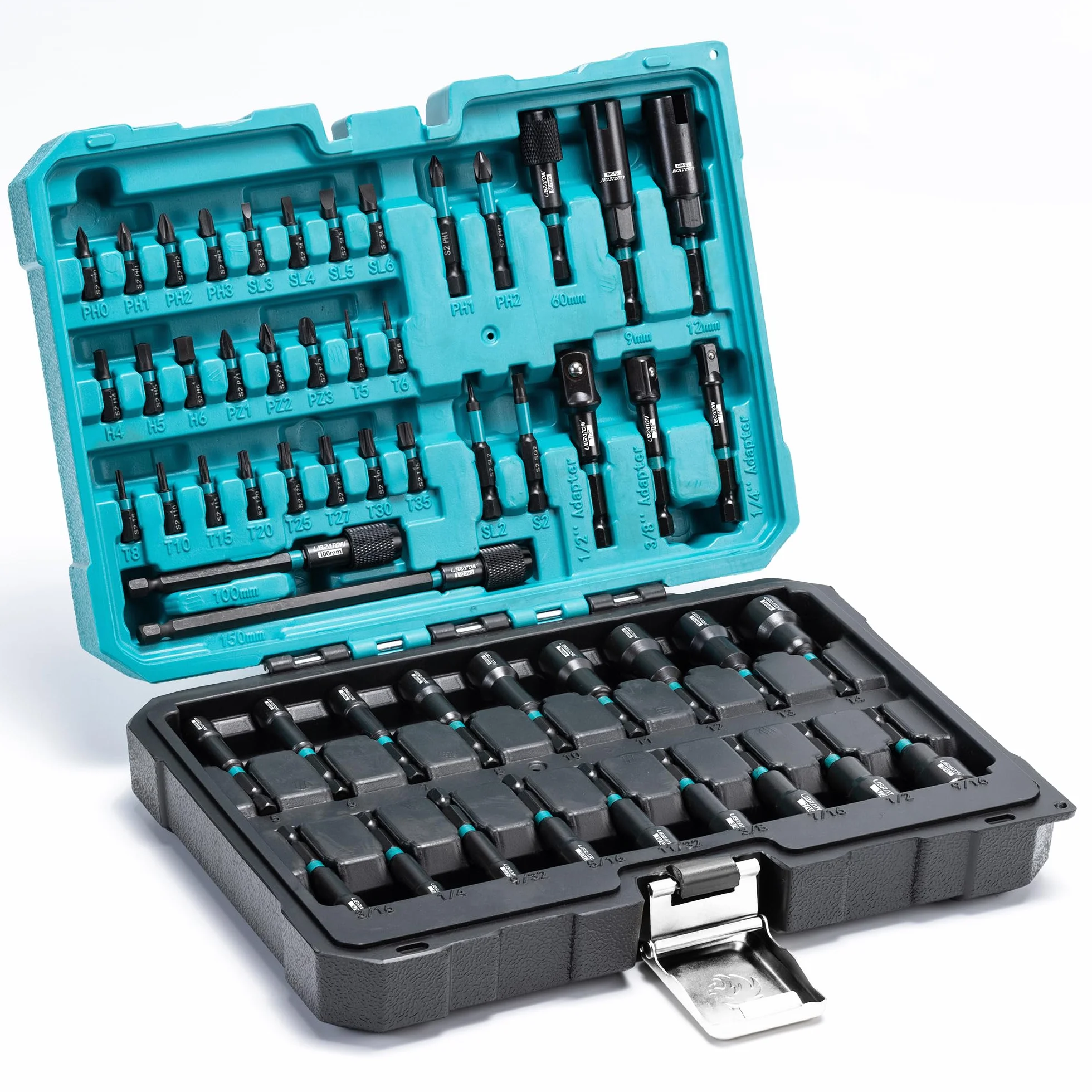 LIBRATON 54 Destornilladores de Tuerca Magnéticos, Brocas de Impacto de 1/4", Métrico y SAE para Taladro, Adaptadores de Vaso, Extensión de Liberación Rápida, Destornilladores de Tuerca de Ala, Caja