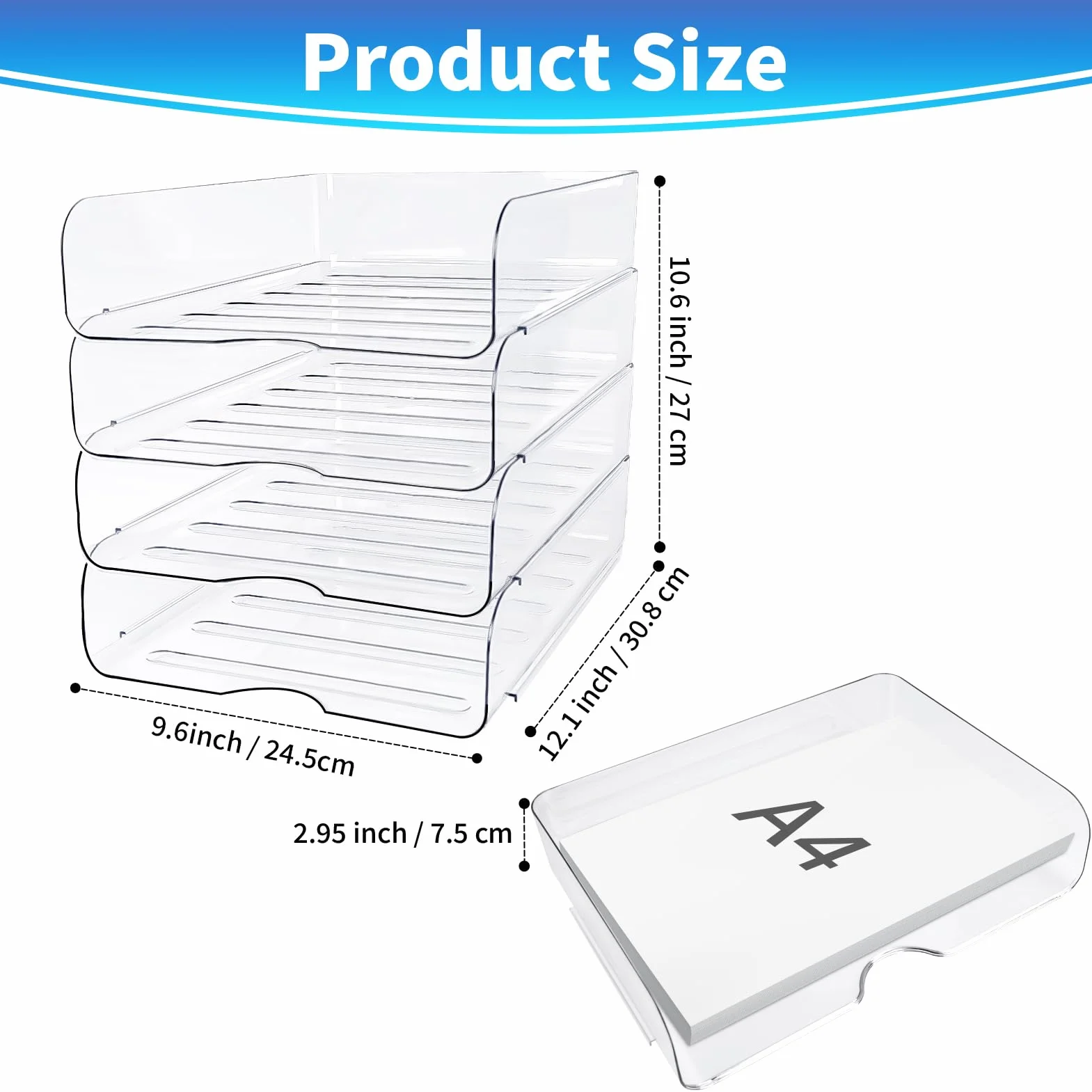 Organizador de escritorio transparente apilable 4 bandejas para archivos A4, iPad, cartas