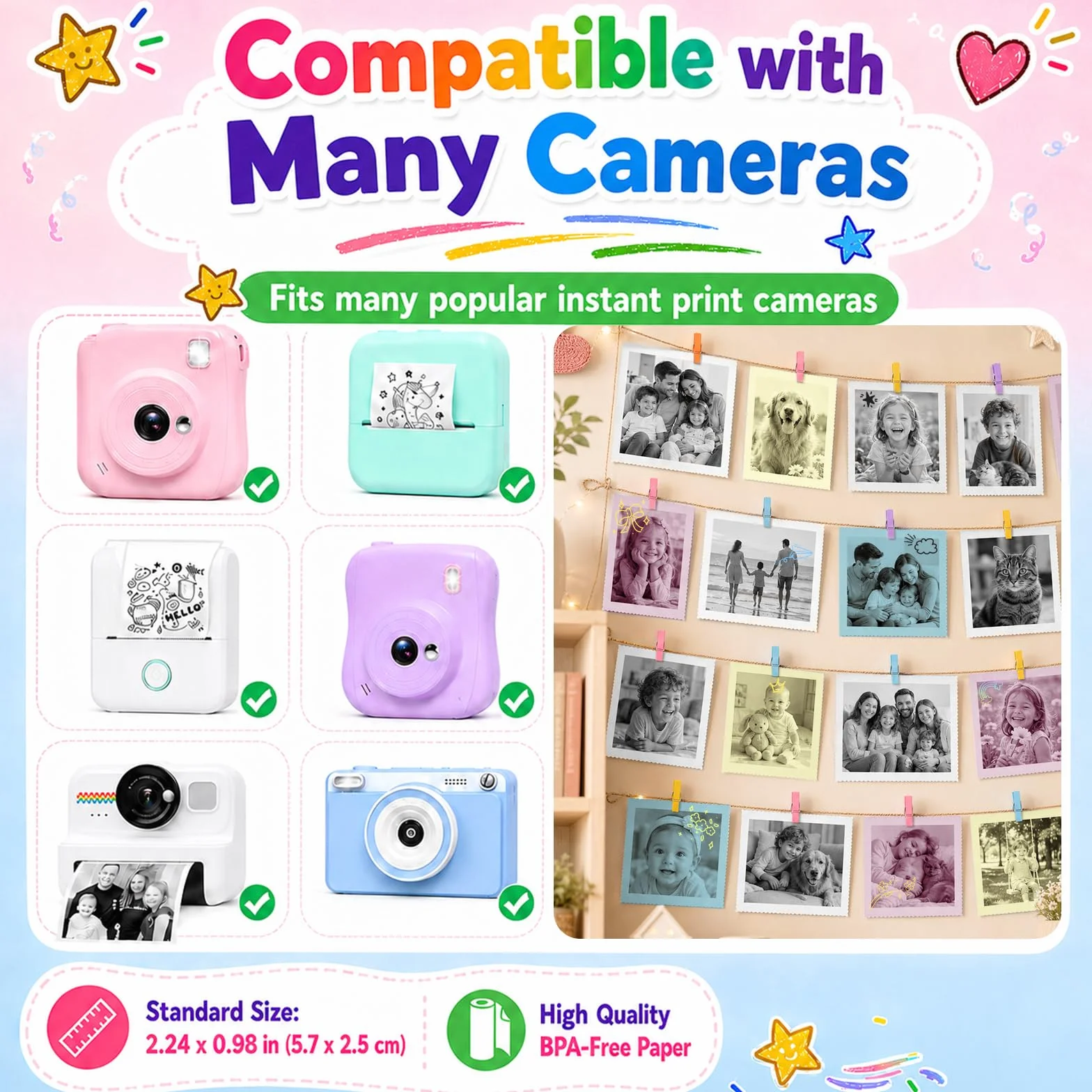 23 Rollos Papel Térmico para Cámara Infantil, 20 Blancos + 3 Colores (Rosa, Azul, Amarillo), Rollo Papel Cámara Fotos Infantil Instantánea, Fácil de Recargar, 5.7 x 2.5 cm