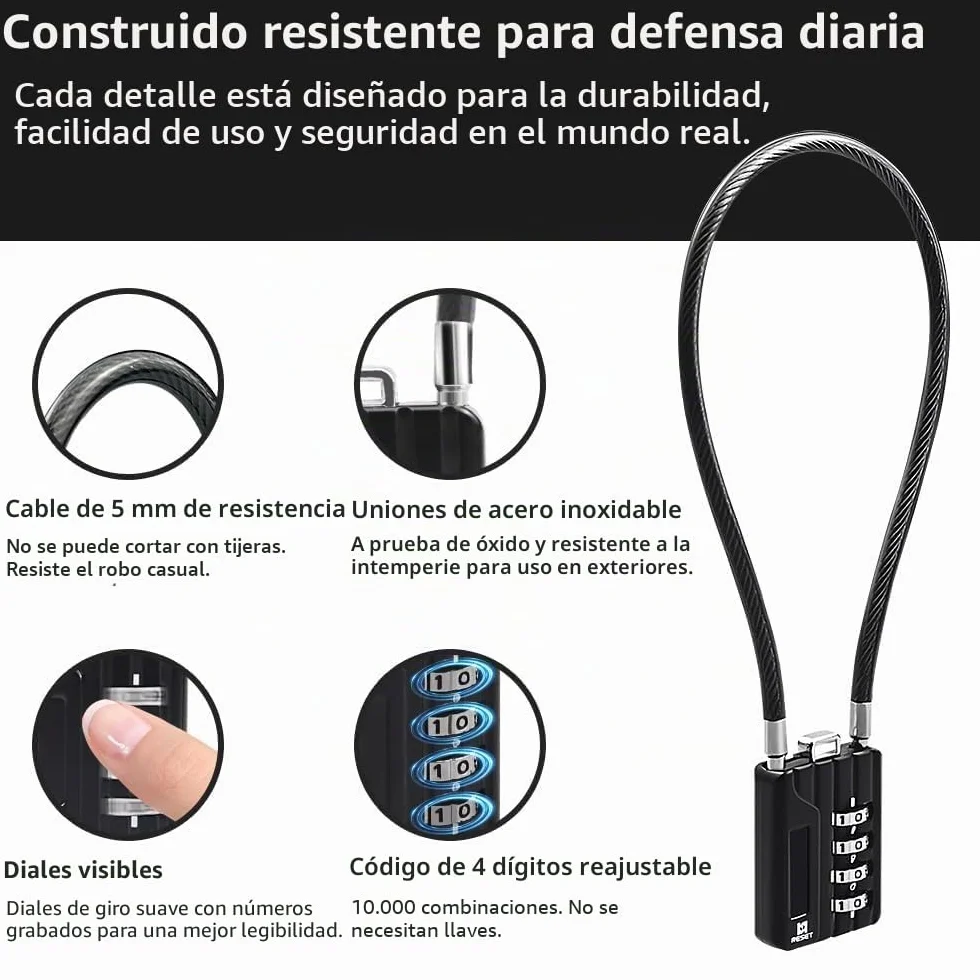 RESET-204 candado de cable flexible de 30 cm con combinación de 4 dígitos, candado largo para cubo de basura, taquilla, equipaje, maleta, casco y armero, diámetro 5 mm, negro, 2 unidad