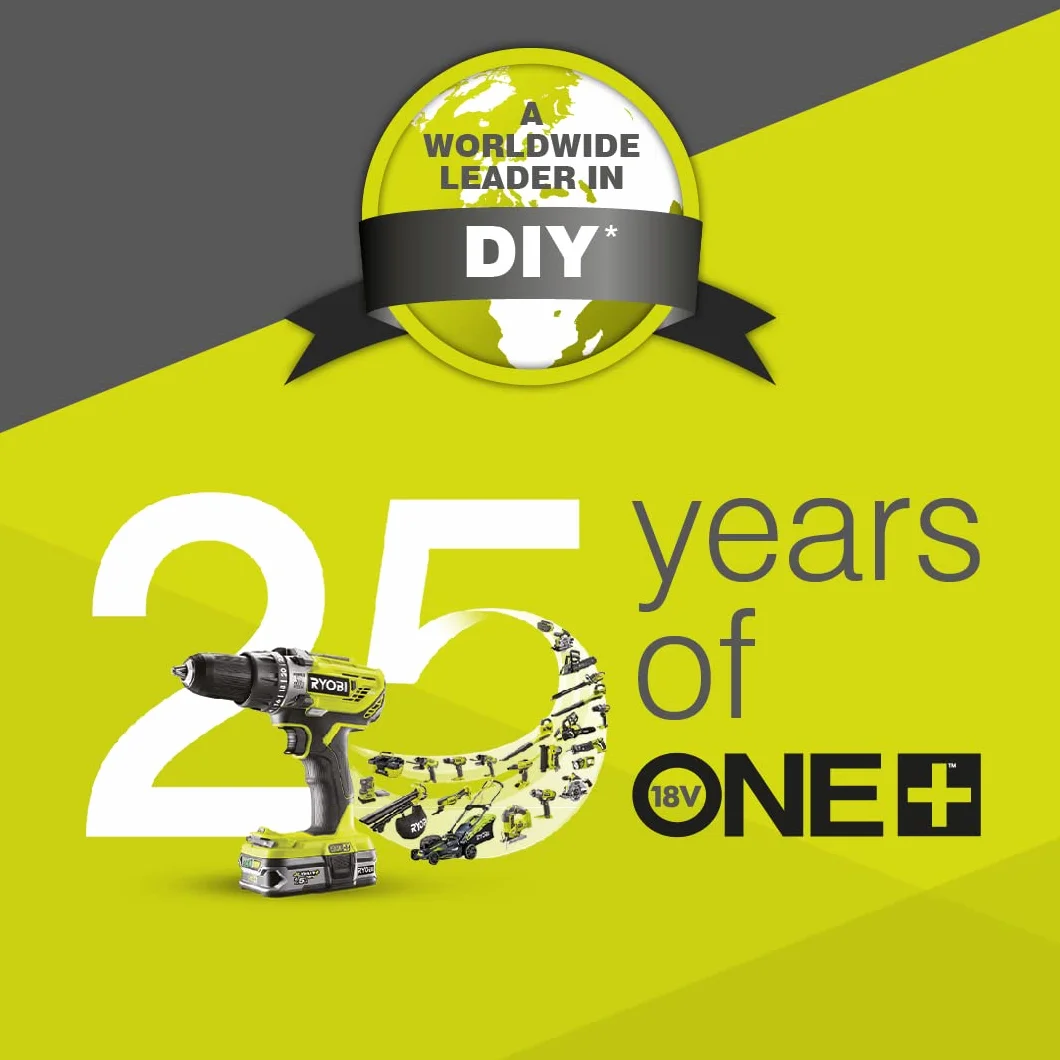 RYOBI ONE+ 18V Taladro percutor sin escobillas – 54 Nm, mandril 13 mm, 2 velocidades (0–450/0–1.700 rpm), 24 posiciones de par – Incluye baterías 2,0 Ah + 4,0 Ah y cargador