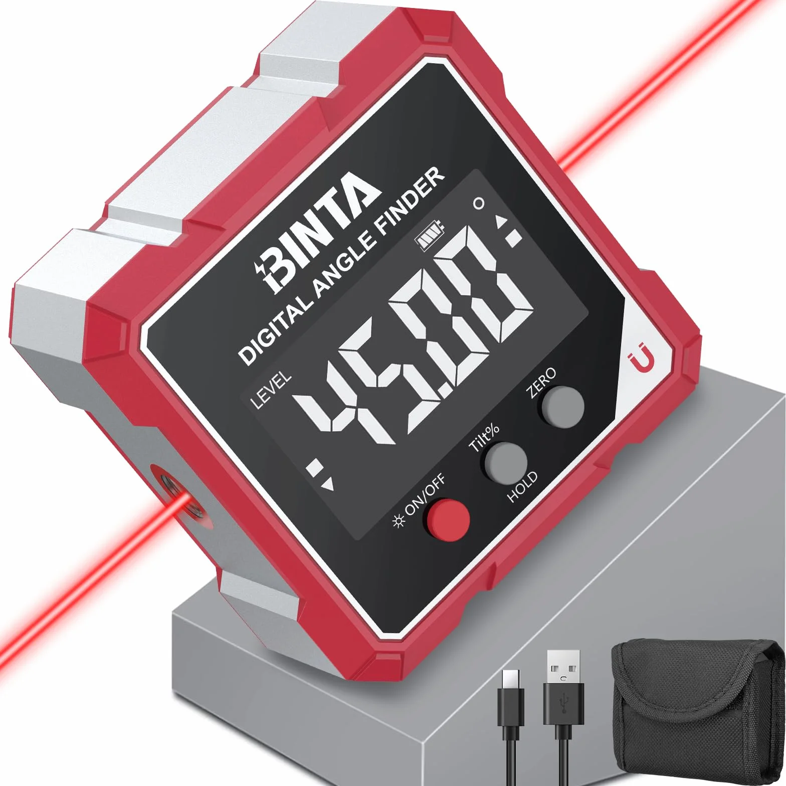BINTA Inclinómetro Digital 4x90°Buscador de Ángulo con Pantalla LCD，impermeable IP54，Interfaz Tipo-C Recargable para Carpintería, Construcción, Decoración, Bricolaje