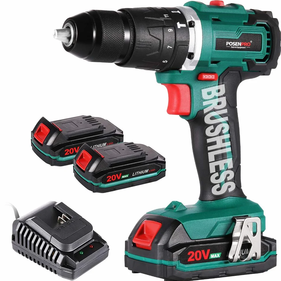 POSENPRO Taladro Percutor a Bateria 20V, Sin Escobillas Taladro Atornillador Bateria con 2 Baterías 2000mAh, 50Nm, 19+3 Ajuste de Par Destornillador Electrico, 2 Velocidad, Luz LED, Bricolaje