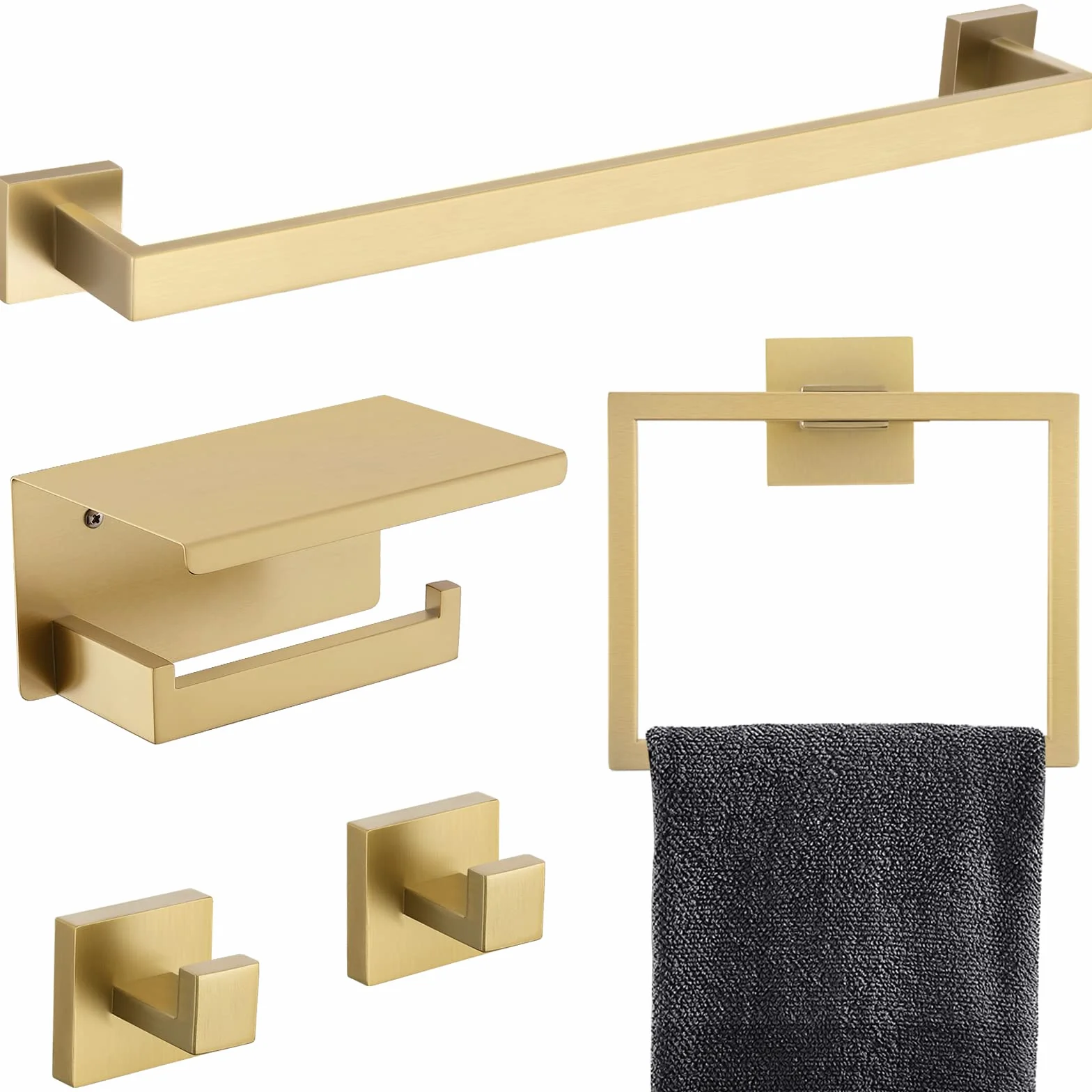 Juego de 5 Piezas de Accesorios de baño de 23.6 Pulgadas, Barra de Toalla Dorada, toallero, Anillo de Toalla, Gancho y Soporte para Papel higiénico con Estante montado en la Pared, Juego de