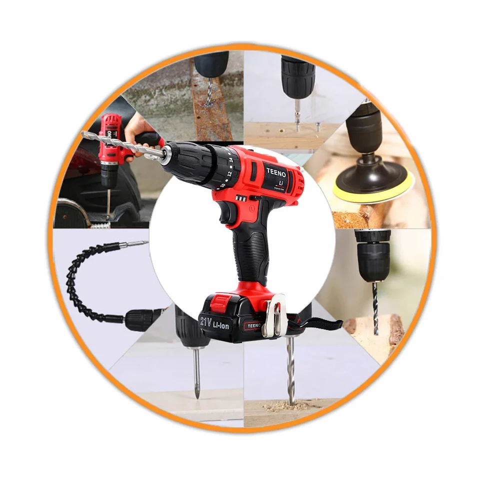 Taladro atornillador inalámbrico TEENO 21V, equipado con 1 batería de 1,5Ah, par de 35Nm, ajuste de 18+1 niveles, 2 velocidades y luz LED, ideal para proyectos de bricolaje.