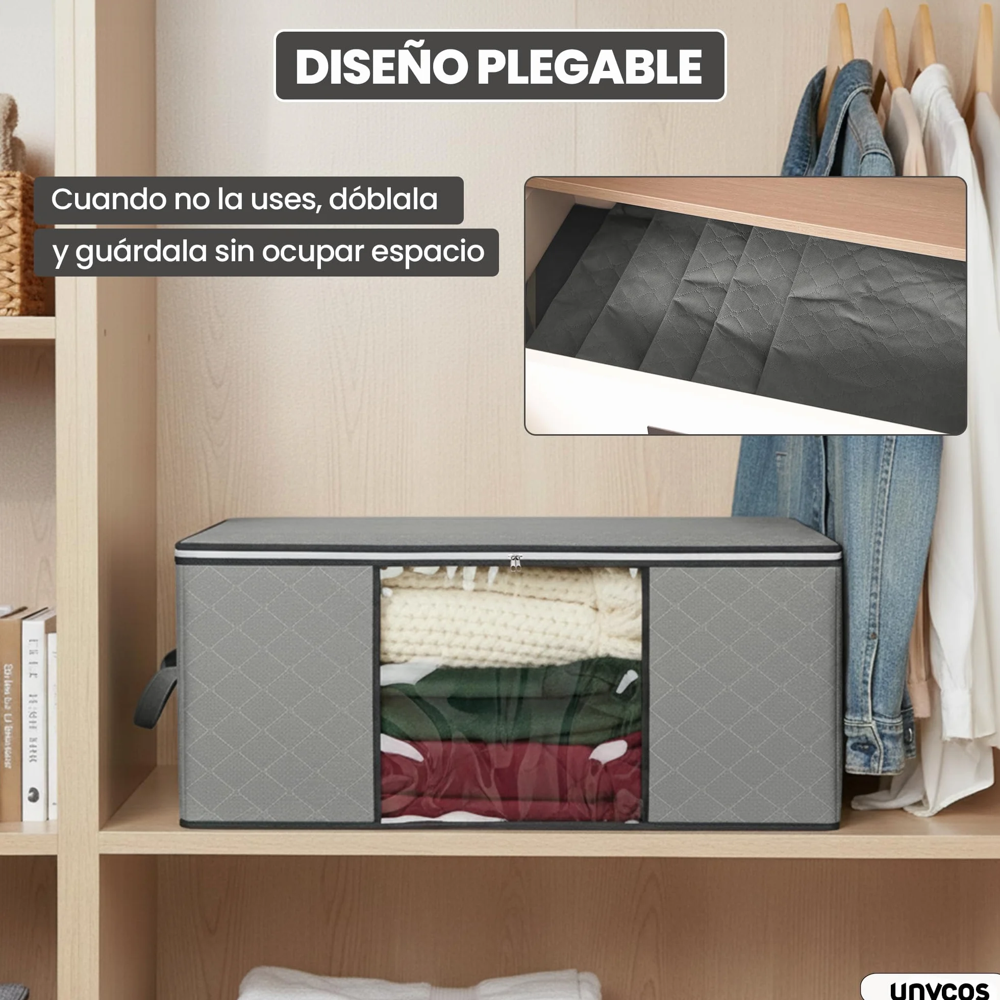 unycos Cajas Almacenaje Ropa 35L Bolsas Plegables Ventana Transparente Doble Cremallera Asas Reforzadas Organizador Toallas Edredones Juguetes 10 kg Grey Black