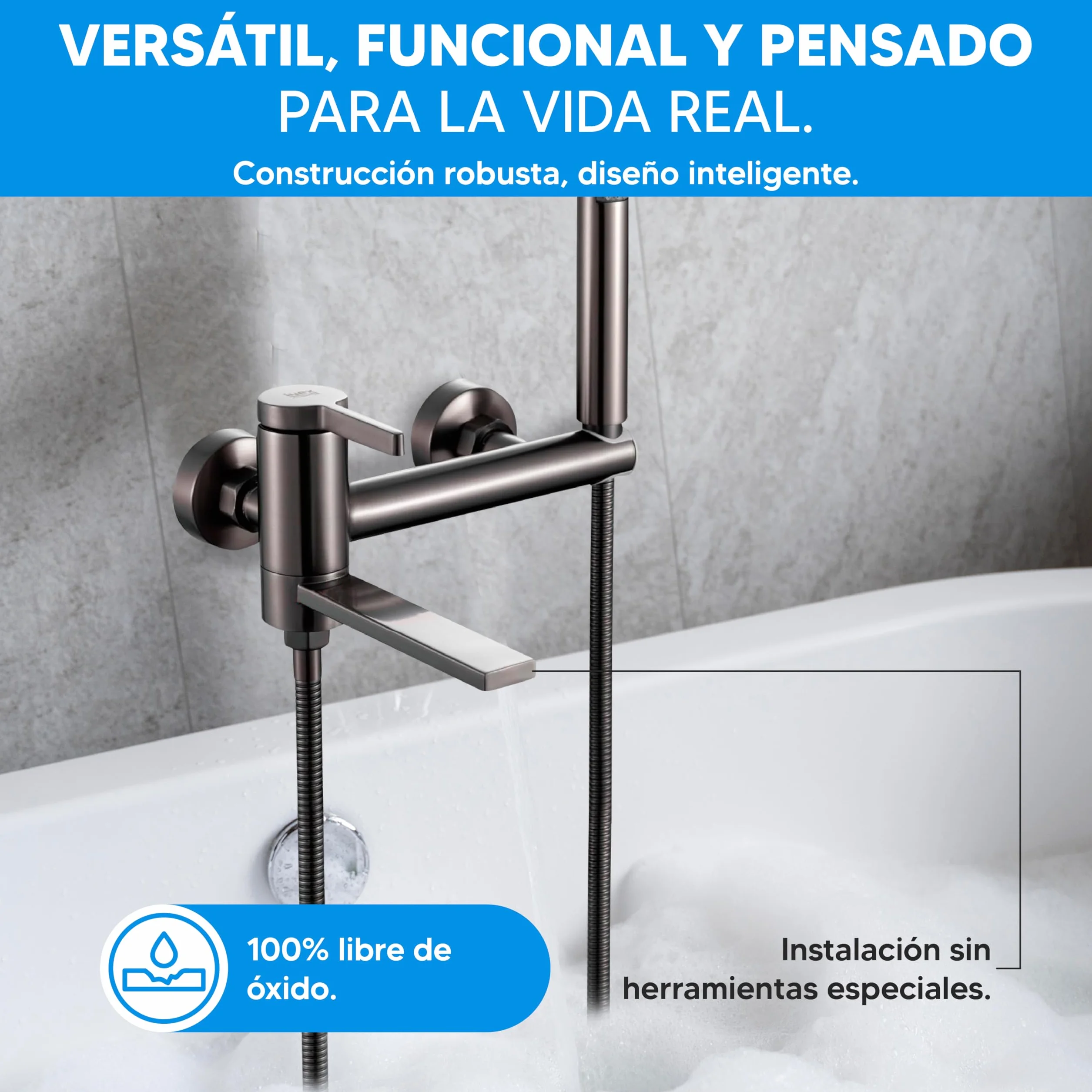 INEX EUROPA Grifo Bañera Ducha Acero Inoxidable Monomando Alta Presión Manguera 175cm Gris