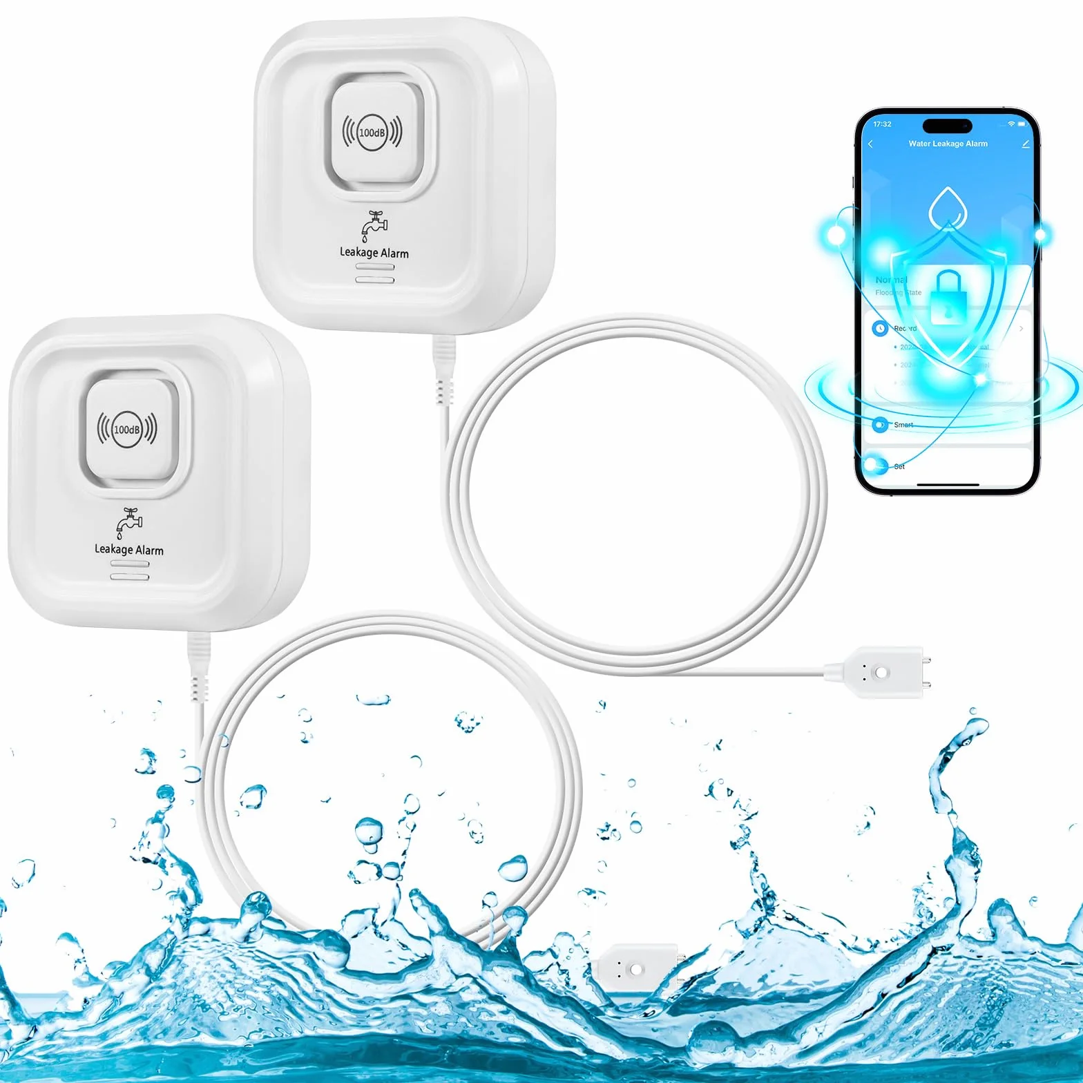 Detector de Fugas de Agua WiFi 100dB Alarma Sensor de Agua Tuya App 3 Tipos Detección Inalámbrico Cable Sonda 105 cm