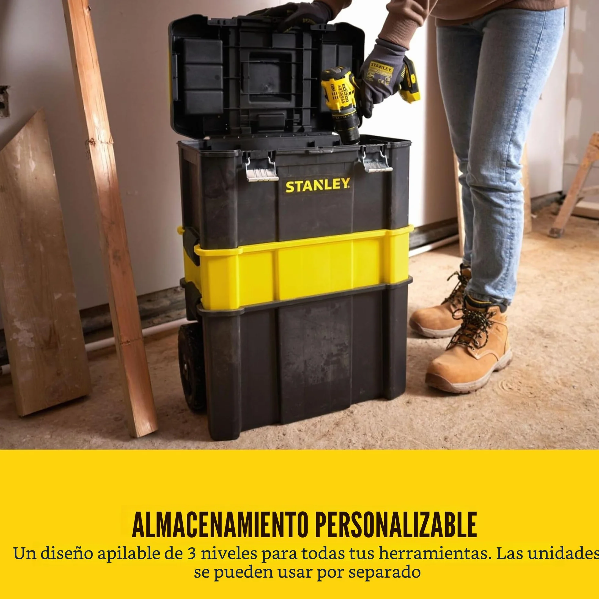 STANLEY Caja de Herramientas Rodante Esencial, Taller Móvil 3 en 1 con Unidades Apilables, Solución Portátil para Herramientas, STST1-80151.
