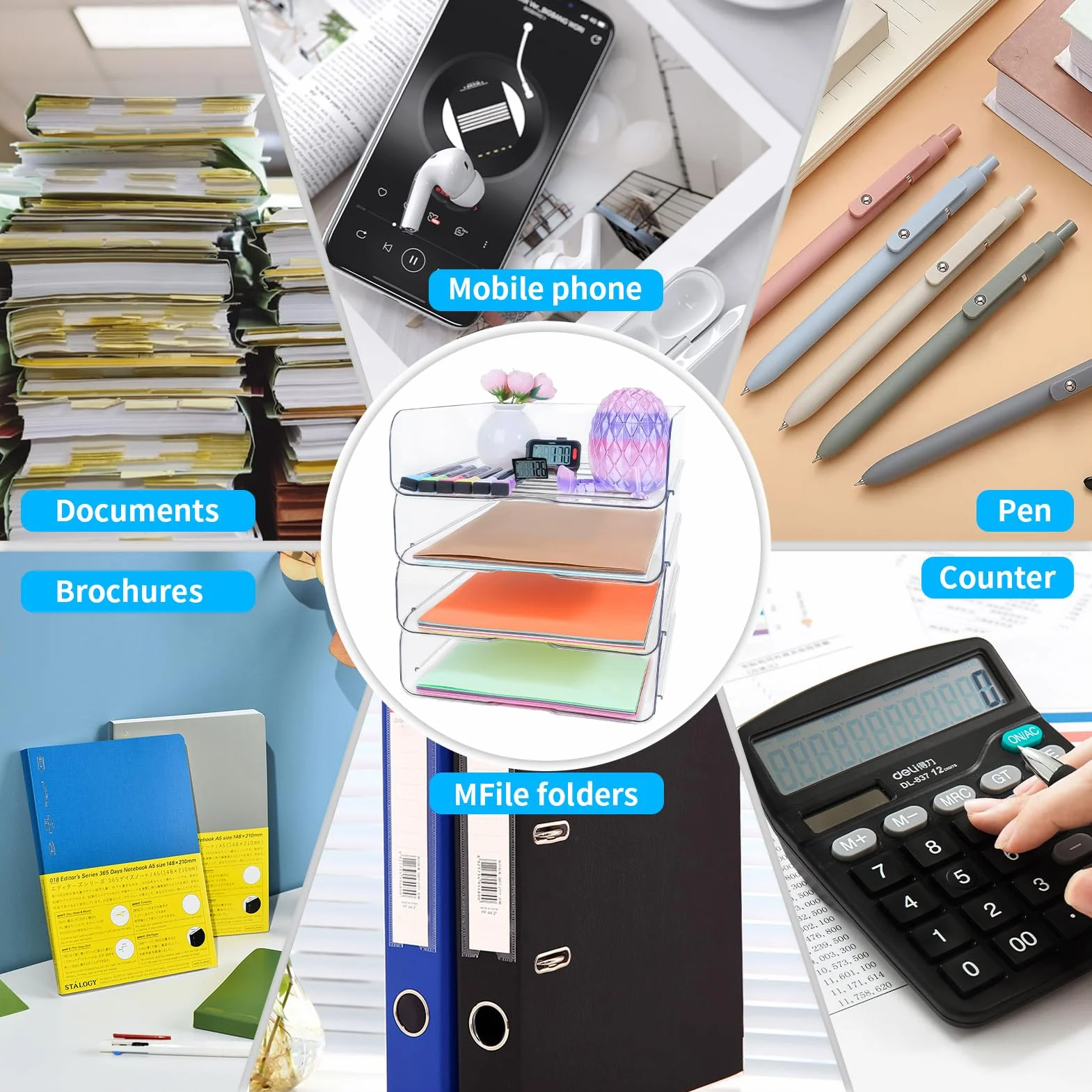Organizador de escritorio transparente apilable 4 bandejas para archivos A4, iPad, cartas