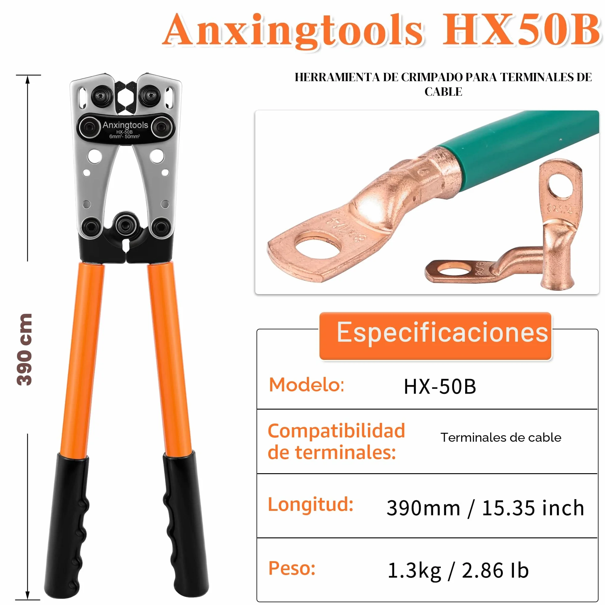 Herramienta de crimpado de cable de batería para terminales de anillo de cobre de batería de 6/10/16/25/35/50 mm², crimpadora resistente para terminales de cable (HX50B crimper+terminals)