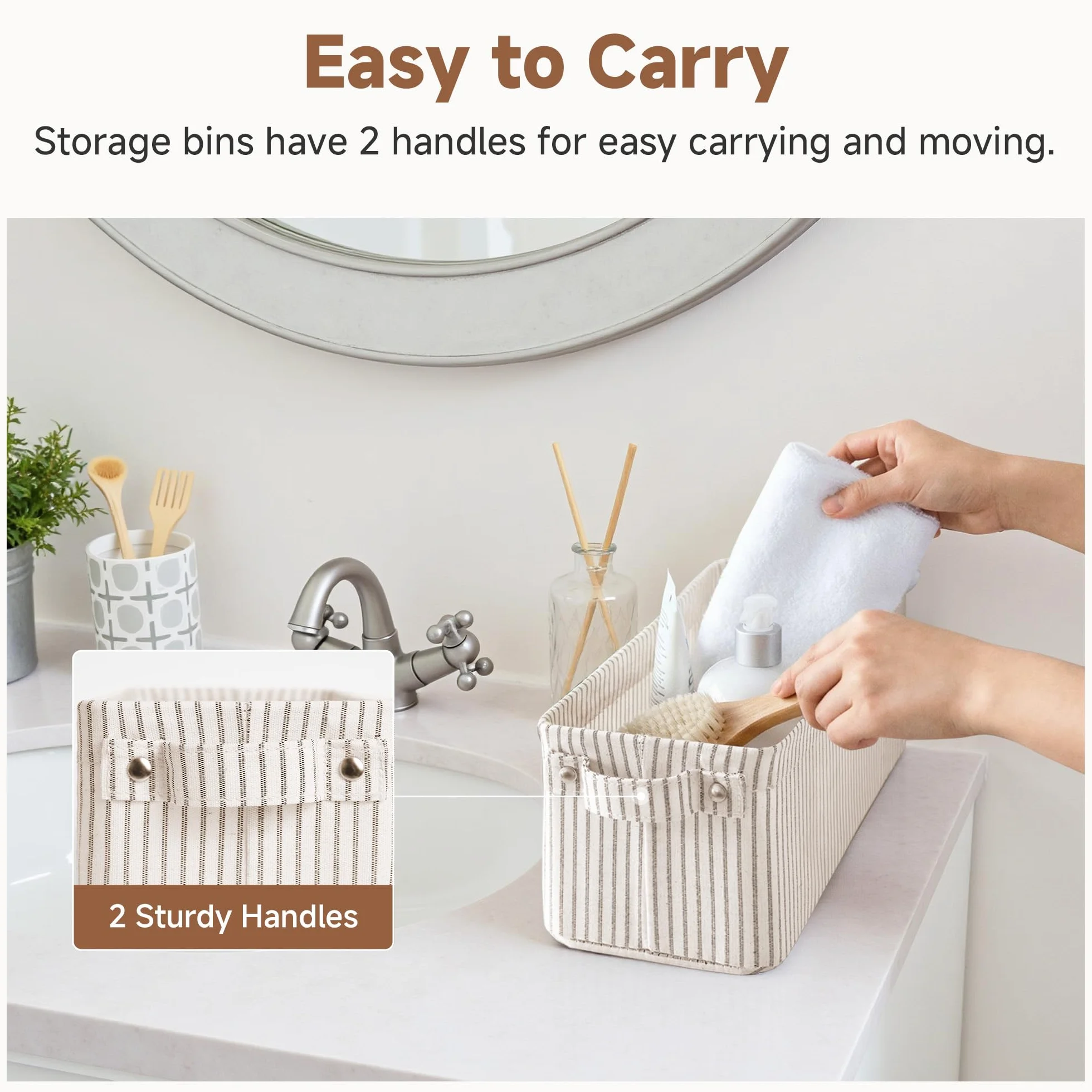 StorageWorks Cestas de almacenamiento estrechas, cajas largas con asas para organizar el armario, pack de 2, rayas beige