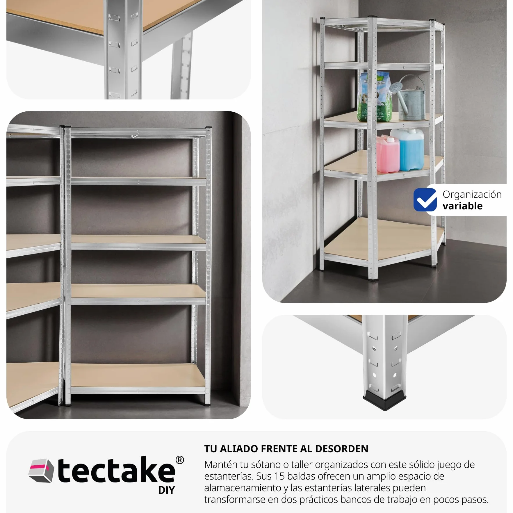 tectake® Estantería para Cargas Pesadas, 3 Partes, 15 Estantes, Estructura de Acero Galvanizado, Capacidad de Carga 2625 kg, Ajustable en Altura, Convertible en Bancos de Trabajo, Bordes Redondeados