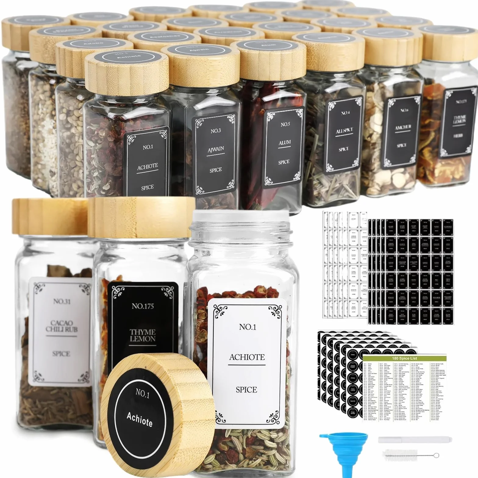Cozary Botes Especias Cristal – Set de 24 Botes para Especias con Tapa de Bambú, 648 Etiquetas, Especiero con Doble Apertura, Ideal para Cocina y Organización