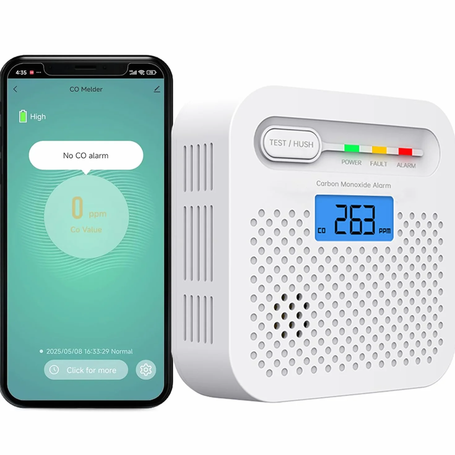 Detector de Monóxido de Carbono Inteligente WiFi 10 Anos de bateria,notificaciones Push en Tiempo Real a través de la aplicación de Seguridad Tuya y SmartLife, Pantalla LCD Digital, para el hogar