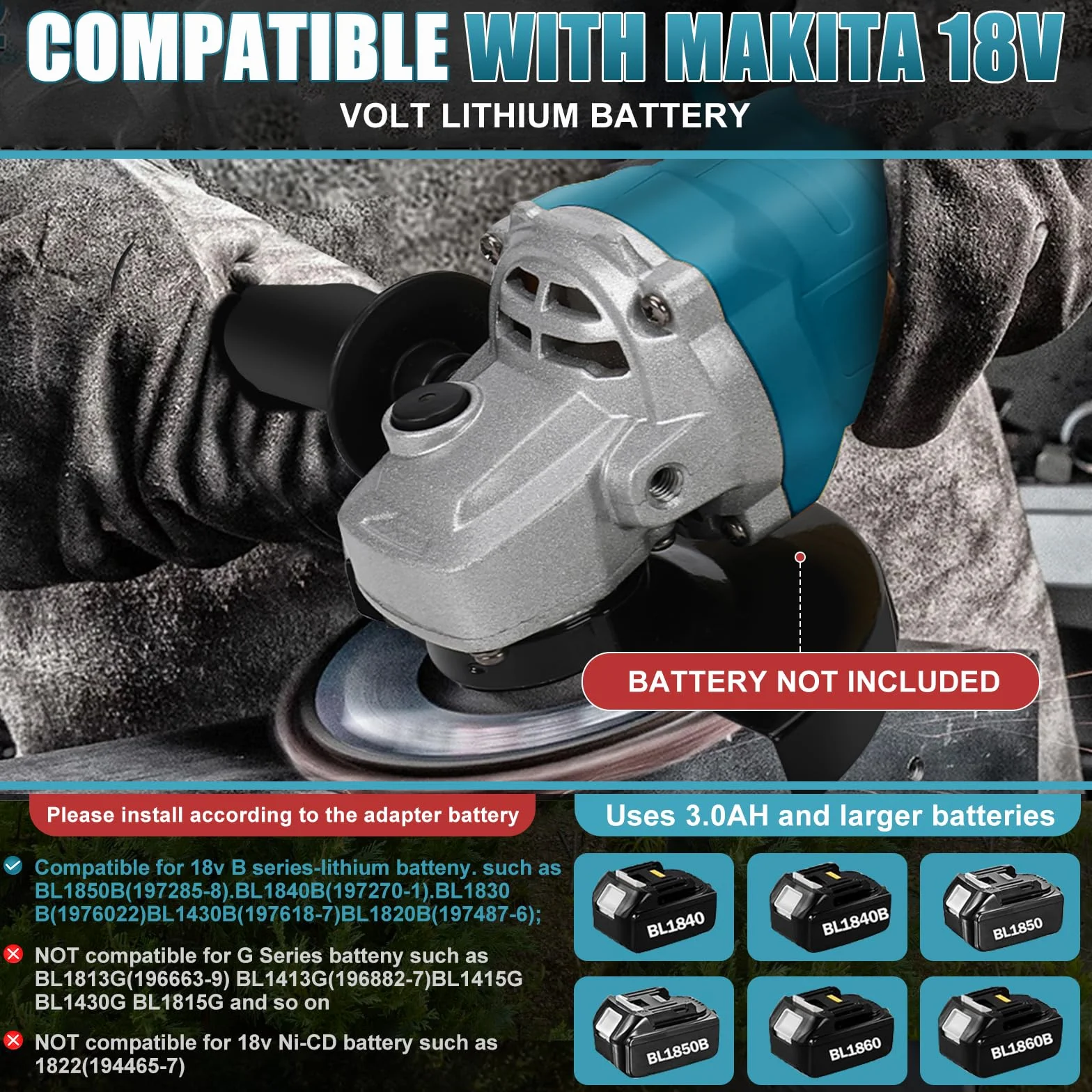 Amoladora angular de batería compatible con batería de litio Makita de 18 V, amoladora angular eléctrica sin escobillas con diámetro de disco de 125 mm, 3000-10000 rpm, para una separación y lijado