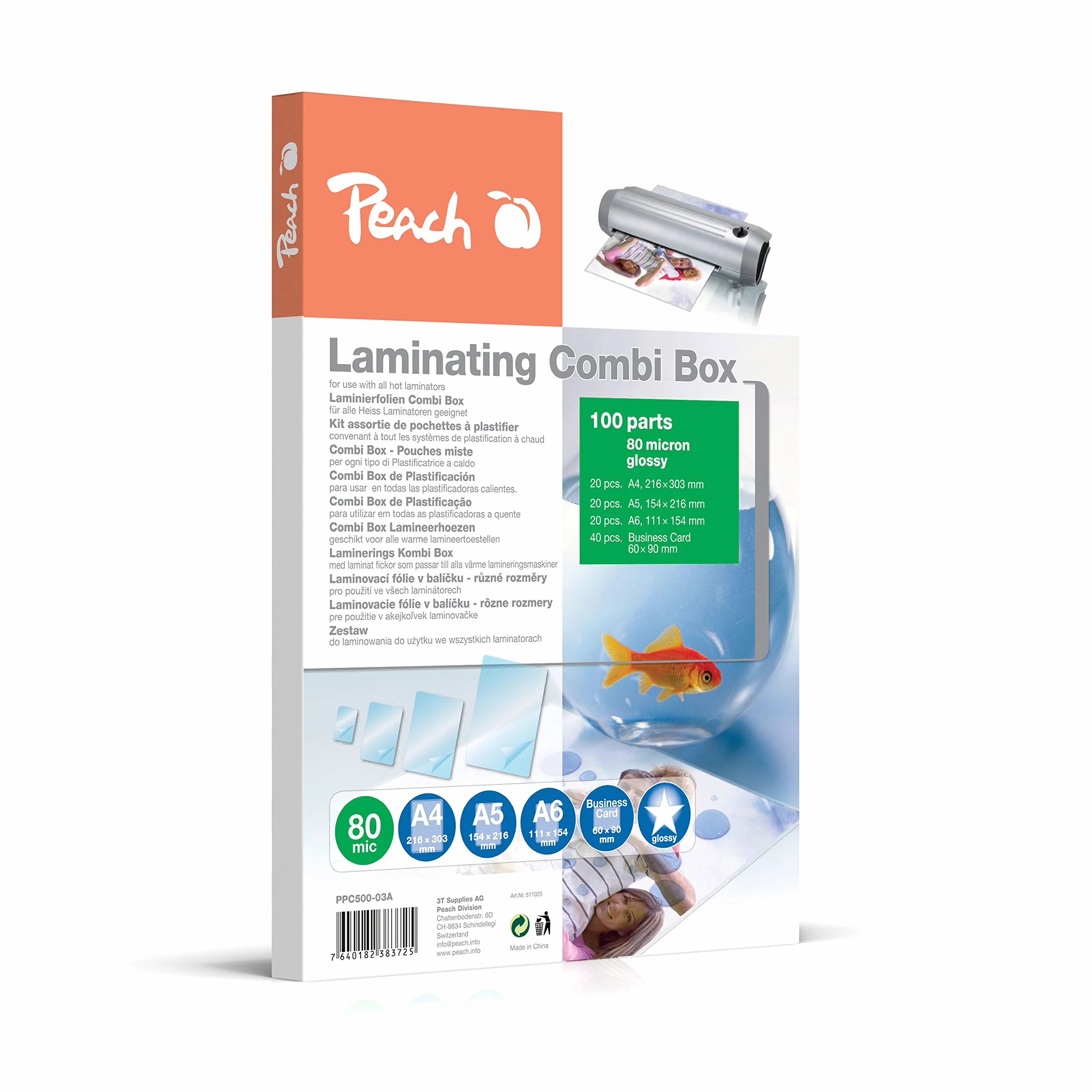 Peach PPC500-03A Láminas para plastificar A4 A5 A6 80 micras 100 bolsas brillante