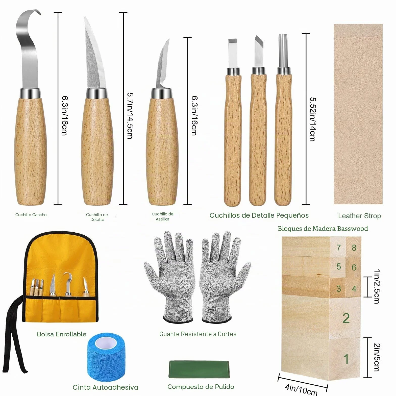 Kit de Tallado de Madera 19 en 1, Cuchillos y Bloques de Tilo para Principiantes