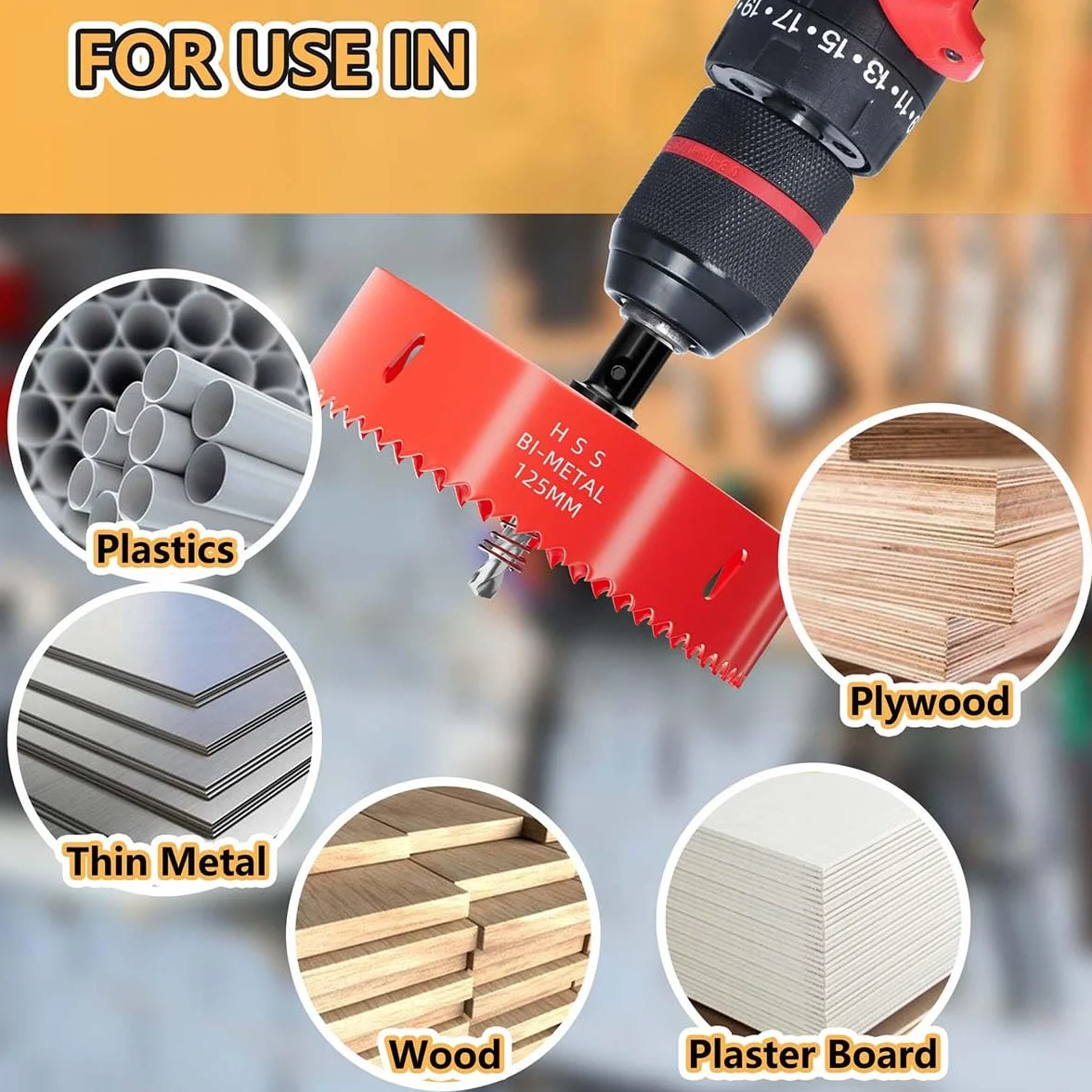 HSS M42 Bi-metal 125 mm, con adaptador y taladro centrado, ideal para madera, plástico, paneles de yeso, madera contrachapada y metales, profundidad de corte de hasta 32 mm