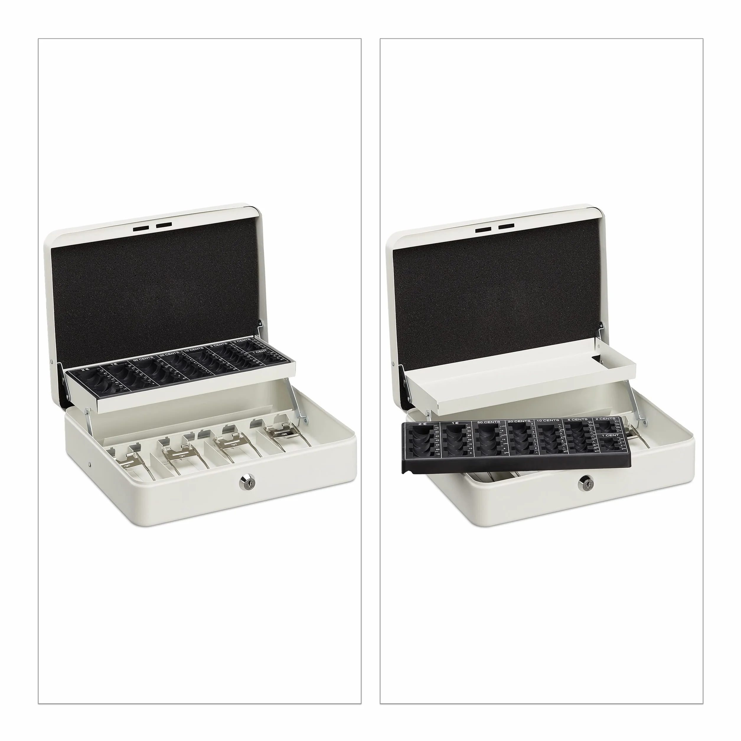 Relaxdays Caja Dinero con Llave, Bandeja Monedas y 4 Compartimentos Billetes, Cajita Hierro, 8,5x30,5x24,5 cm, Blanco