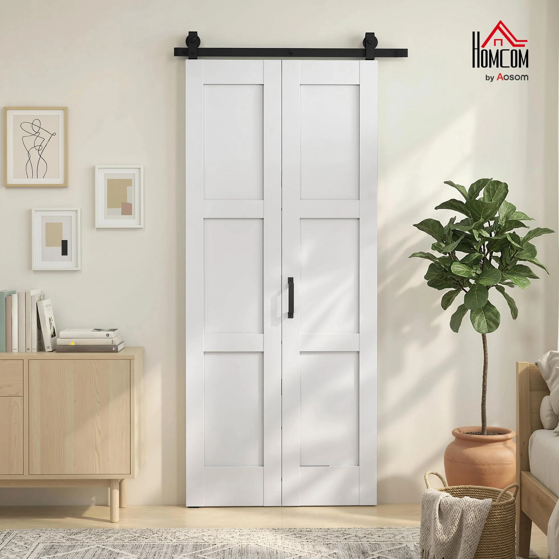 HOMCOM Puerta Corredera Plegable con Herrajes 91,4x213,4 cm, Puerta Corredera Interior con Rodillo, Riel de Acero, Guía de Suelo, Manija, para Baño, Salón, Sala de Estar, Blanco
