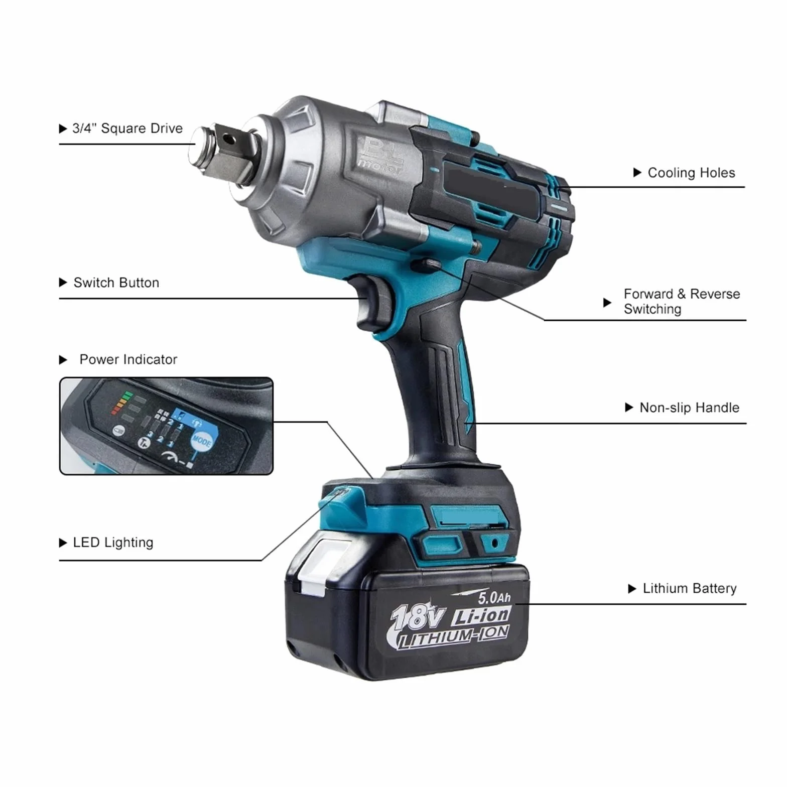 Llave de Impacto Llave Eléctrica Sin Escobillas De 3100NM, Llave De Impacto Inalámbrica De 3/4 Pulgadas, Herramienta Eléctrica De Mano For Batería De 18v(1x5.0Ah 38mm Battery)
