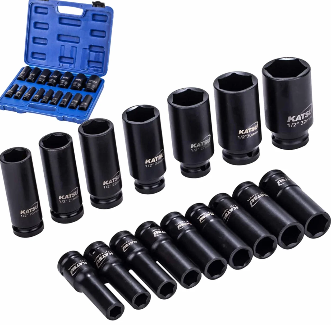 KATSU 1/2" Llaves de Vaso Impacto 16 Piezas, 10mm - 32mm Juego de Llaves de Vaso de Impacto Profundo Llave Métrica Resistente, Herramienta de Reparación Motores Camiones Tractores 420441