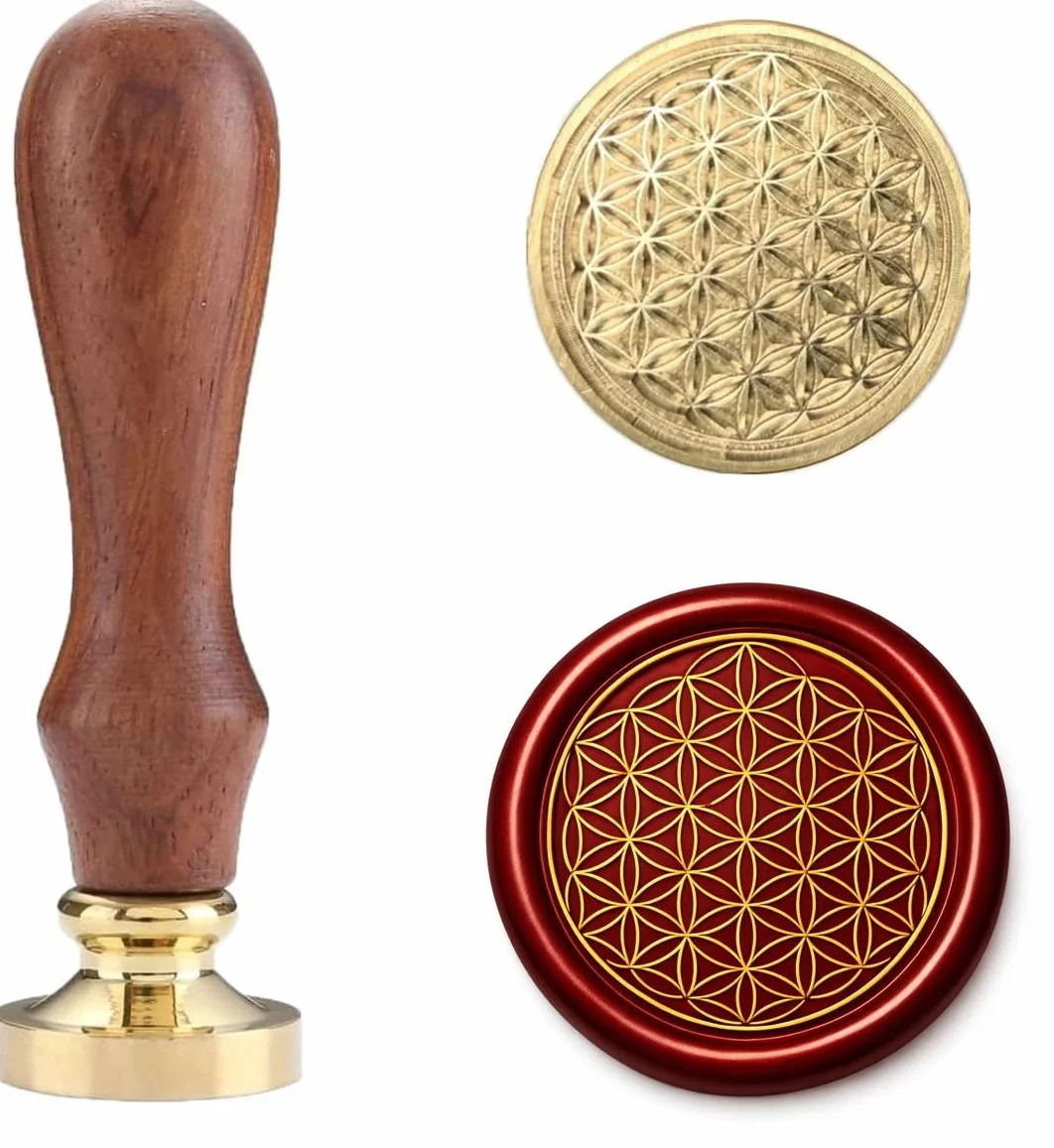 Sellos de cera de cobre con mango de madera, sello de geometría sagrada (flor de la vida)