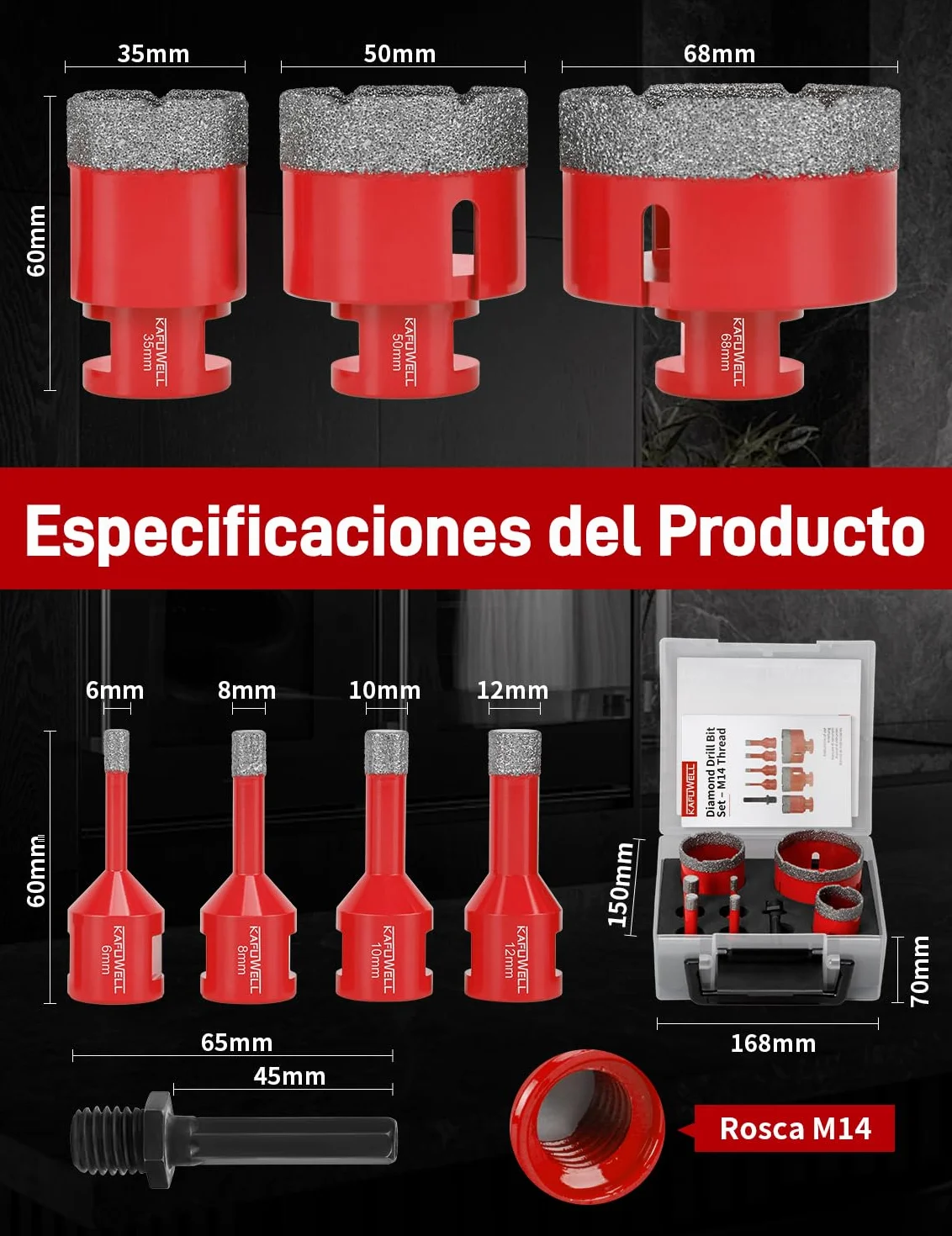 8Pz M14 Broca Diamante, Brocas Porcelánico Ø 6/8/10/12/35/50/68mm con Adaptador, Soldada Vacío, Coronas para Porcelánico, Taladrado Seco para Azulejos, Cerámica, Mármol, Granito