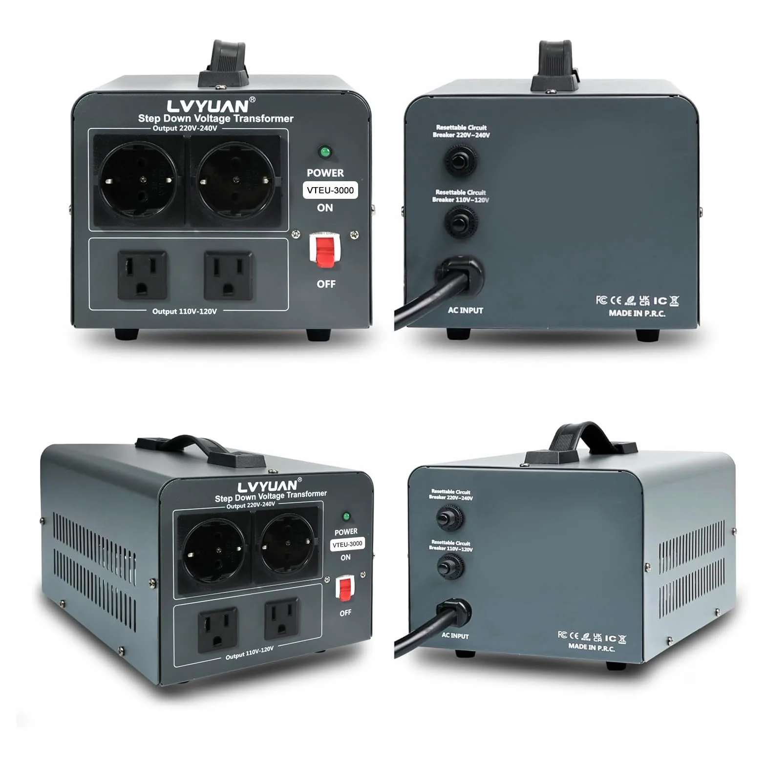 Cantonape Transformador Convertidor de Voltaje Step Down, VTEU-3000, 220V-240V a 110V-120V, con Interruptor ON/OFF, Protección de Circuito Reseteable, 2 Salidas 230V y 2 Salidas 110V