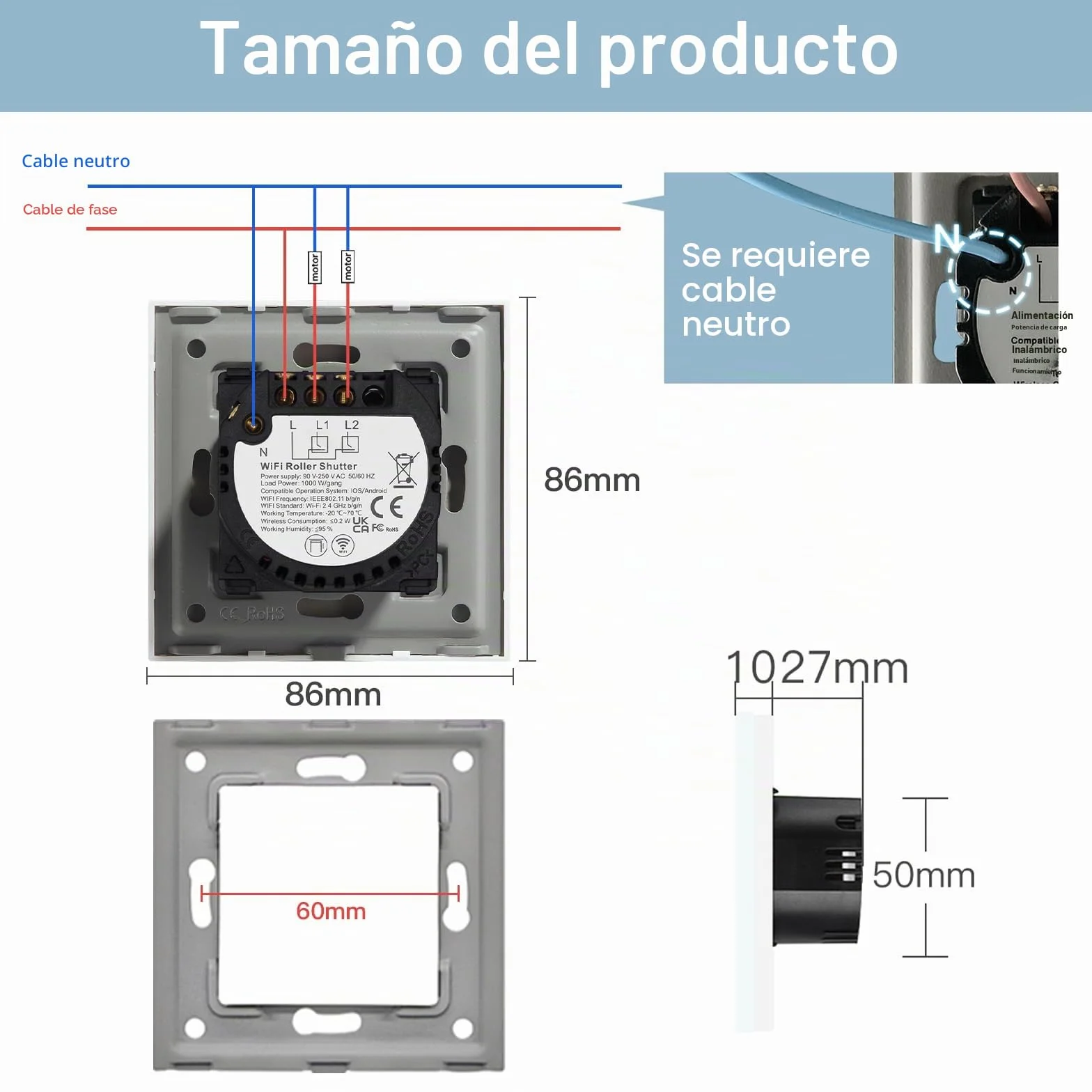 BSEED Interruptor Persiana WiFi,interruptores tactil empotrado,Inteligente Control de Porcentaje,Panel de Cristal,Control Remoto,Requiere Cable Neutro,86mm Blanco