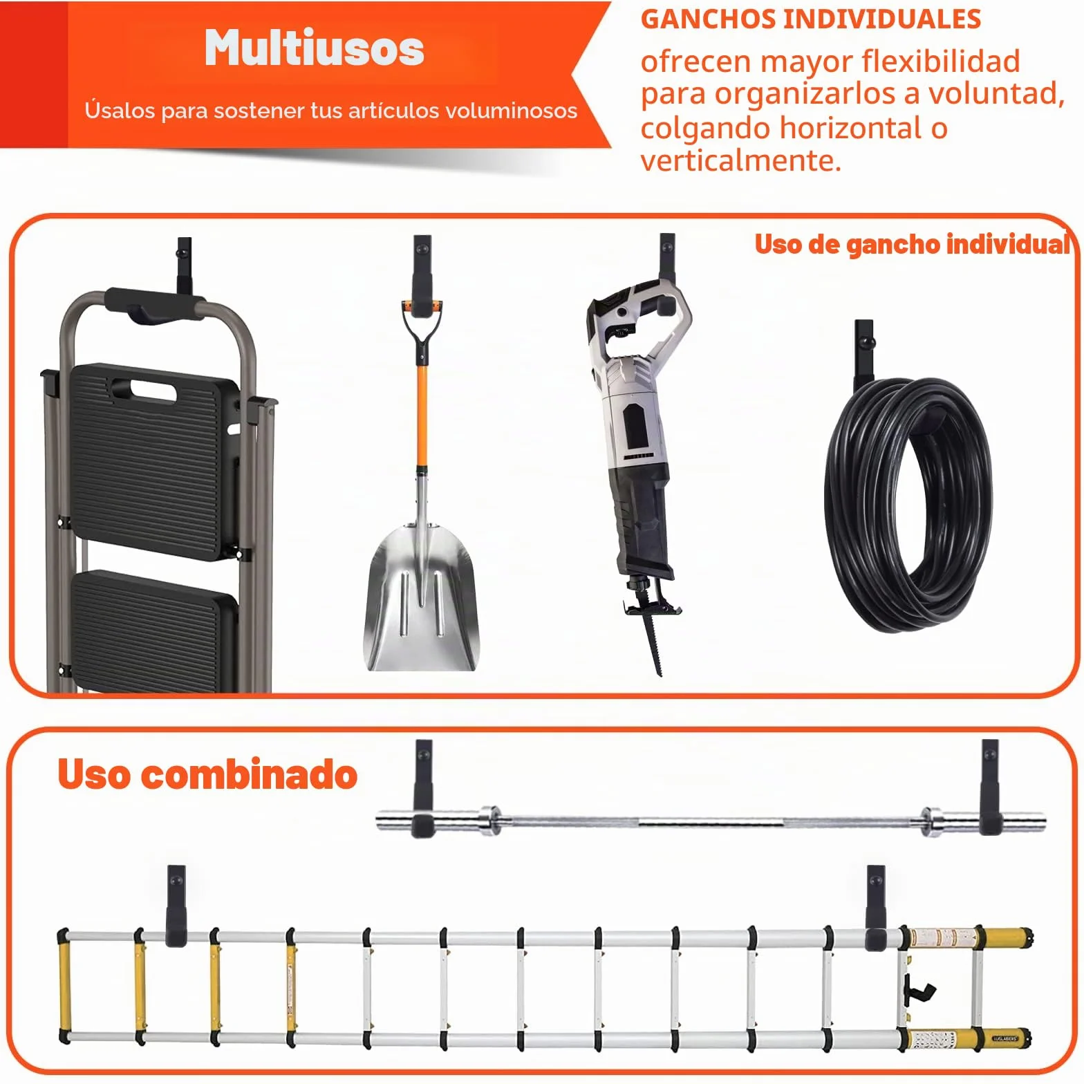 4 Ganchos Pared, Resistentes para Garaje, Ganchos para Colgar Almacenamiento, en J Soporte Herramientas Pared Multiusos, Ganchos para Colgadores para Equipo Deportivo (10 cm, 40 kg)