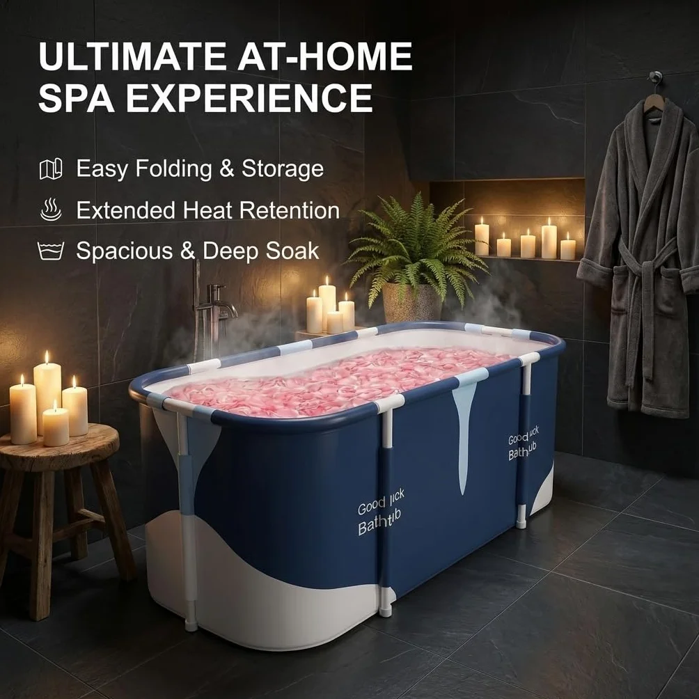 Bañera plegable para adultos, 140 x 60 x 50 cm, baño de spa móvil con aislamiento de 6 capas, bandeja de ducha plegable para spa en casa, jardín y apartamento pequeño, azul y blanco