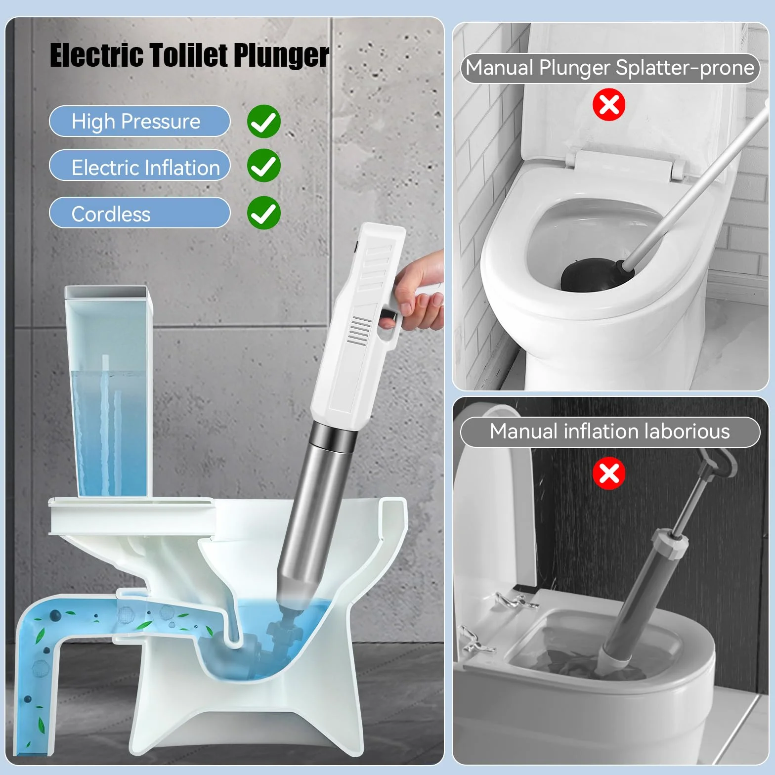 Desatascador de Tuberías con Aire Comprimido, Eléctrico desatascador WC, Desatascador de Inodoro con Barómetro, 4 Cabezas de Pistón e Inflador para Inodoro, Lavabo, baños y cocinas