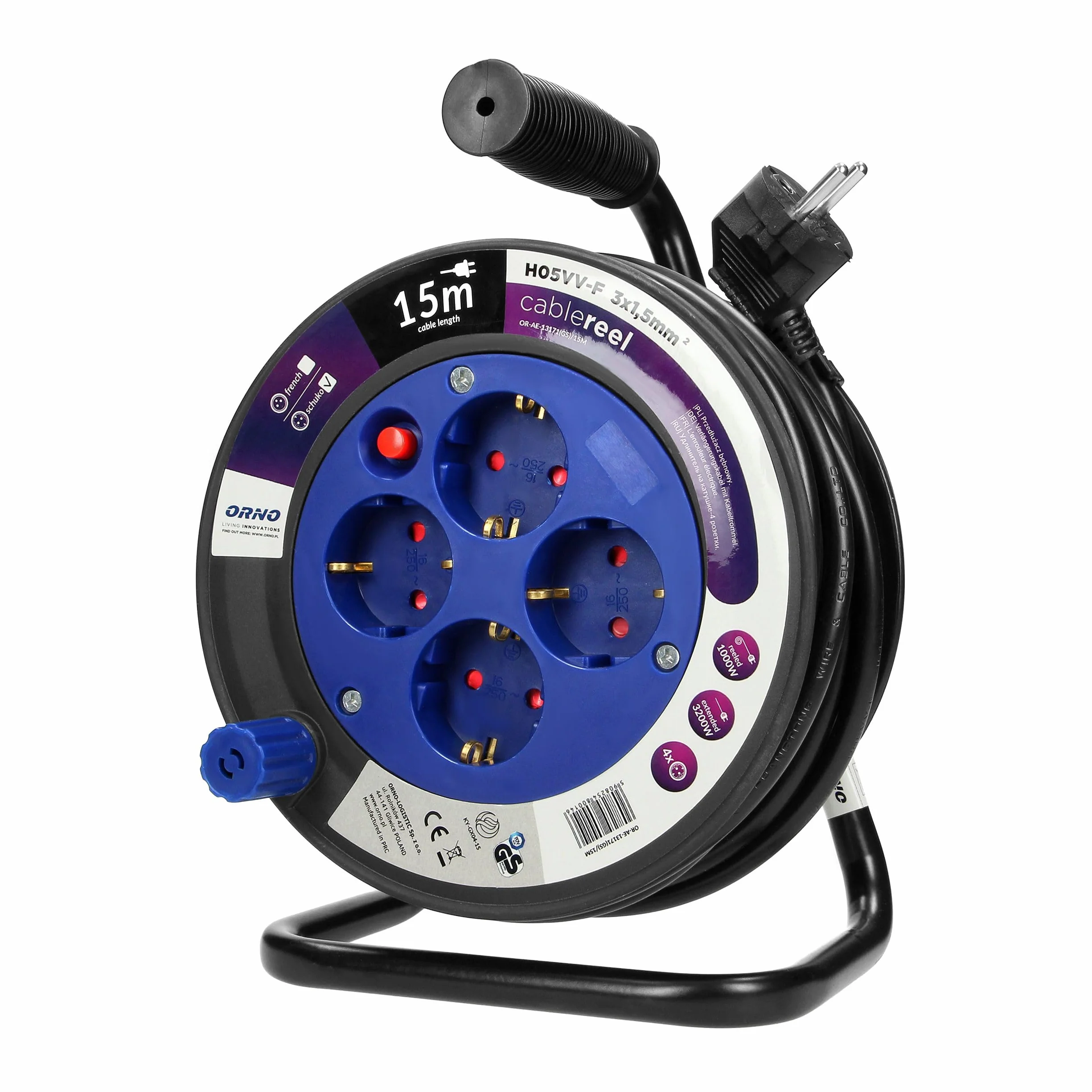 Enrollacables con 4 Tomas 2P+T (Schuko) - Alargador Enchufe - Extension Electrica - Carrete con Soporte Metálico, Cable H05VV-F 3x1,5mm² Longitud 15m