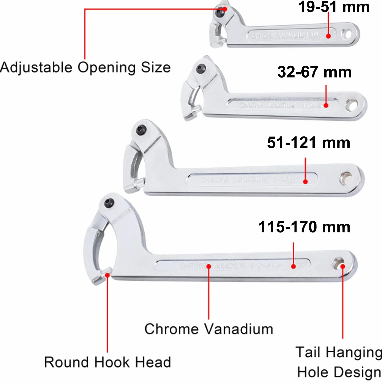 Poweka C Llave de Gancho Ajustable de 4 Piezas, Ilaves de Cabeza Redonda Incluye 3/4-2", 1 1/4-3", 2-4 3/4", 4 1/2-6 7/10" Para Apretar Equipos Mecánicos y Vehículos