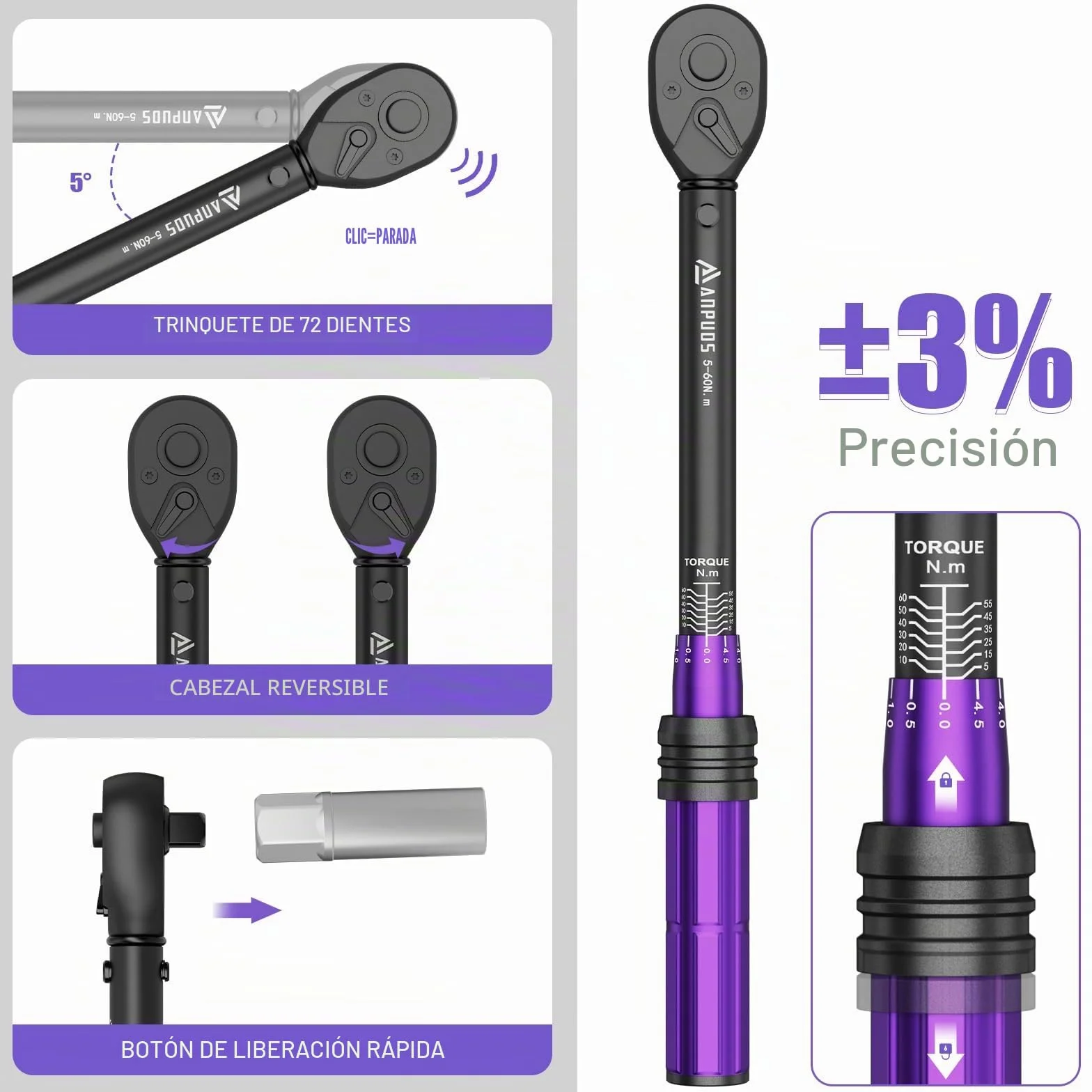 ANPUDS 3/8" Llave Dinamométrica 5-60 Nm, Precisión ± 3%, Llave Dinamométrica Motocicleta con Cabeza de Carraca Reversible de 72 Dientes para Bicicletas, Motocicletas y Coches Sustitución de Bujías