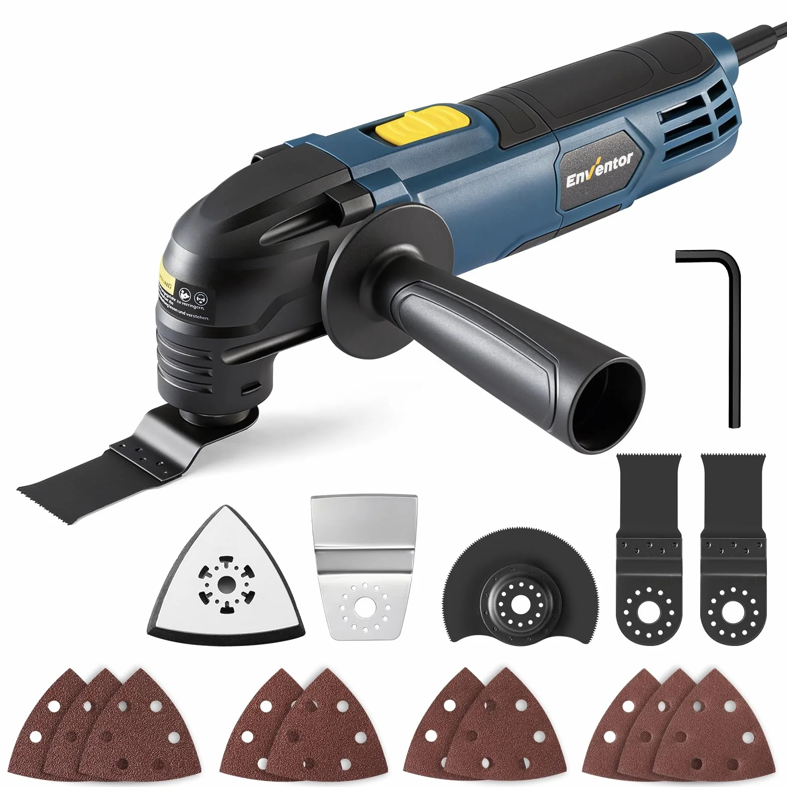 Enventor Multiherramienta Oscilante, 300W, 15000-22000 OPM, eléctrica con cable, 6 velocidades variables, ángulo de oscilación de 3°, mango auxiliar, con 17 accesorios para cortar, lijar y raspar