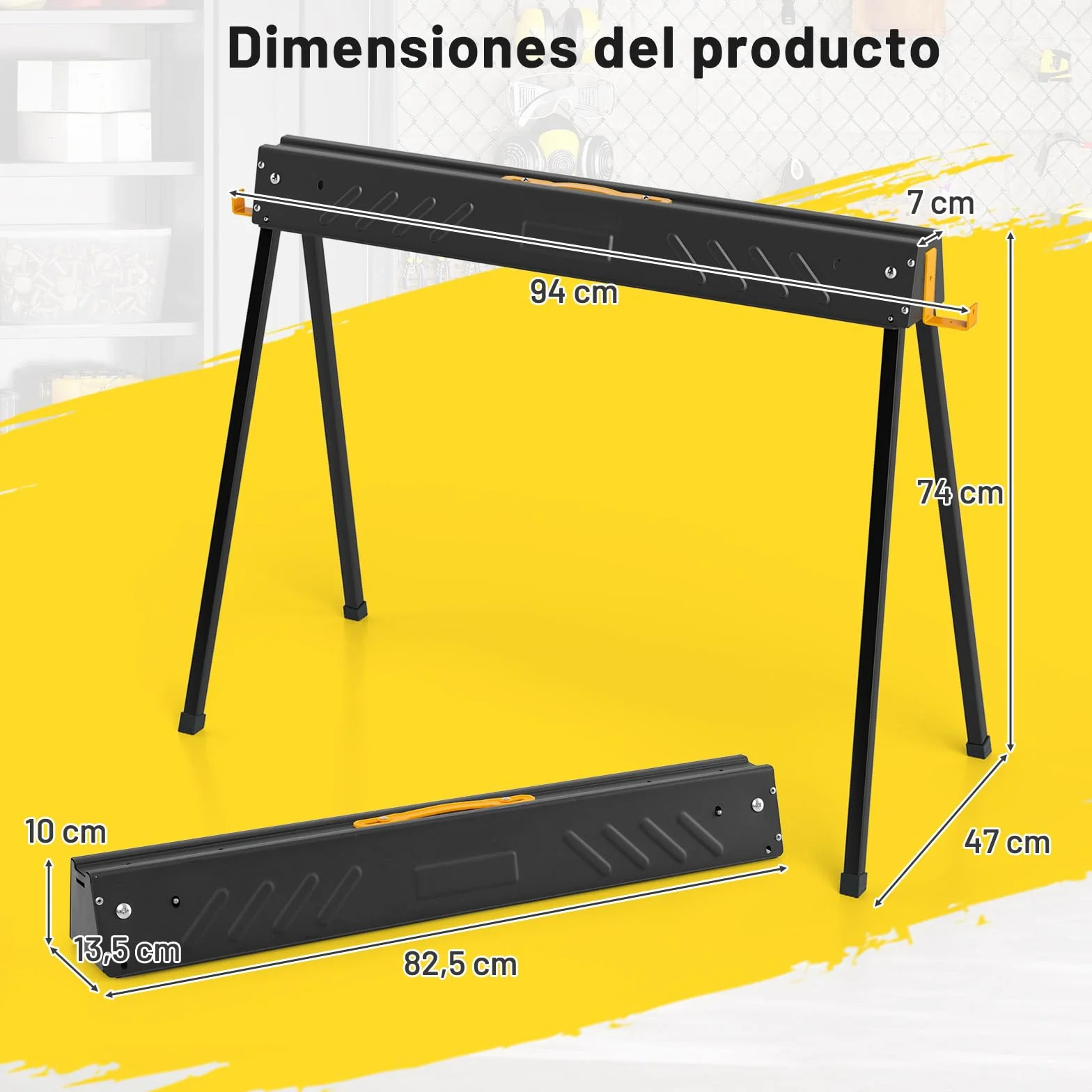 COSTWAY Juego de 2 Caballeteas de Sierra con Patas Plegables, Caballete Metálico de Trabajo con Asa y Brazos de Soporte, Borriquetas para Contratistas Carpinteros, Carga 500 kg, Negro