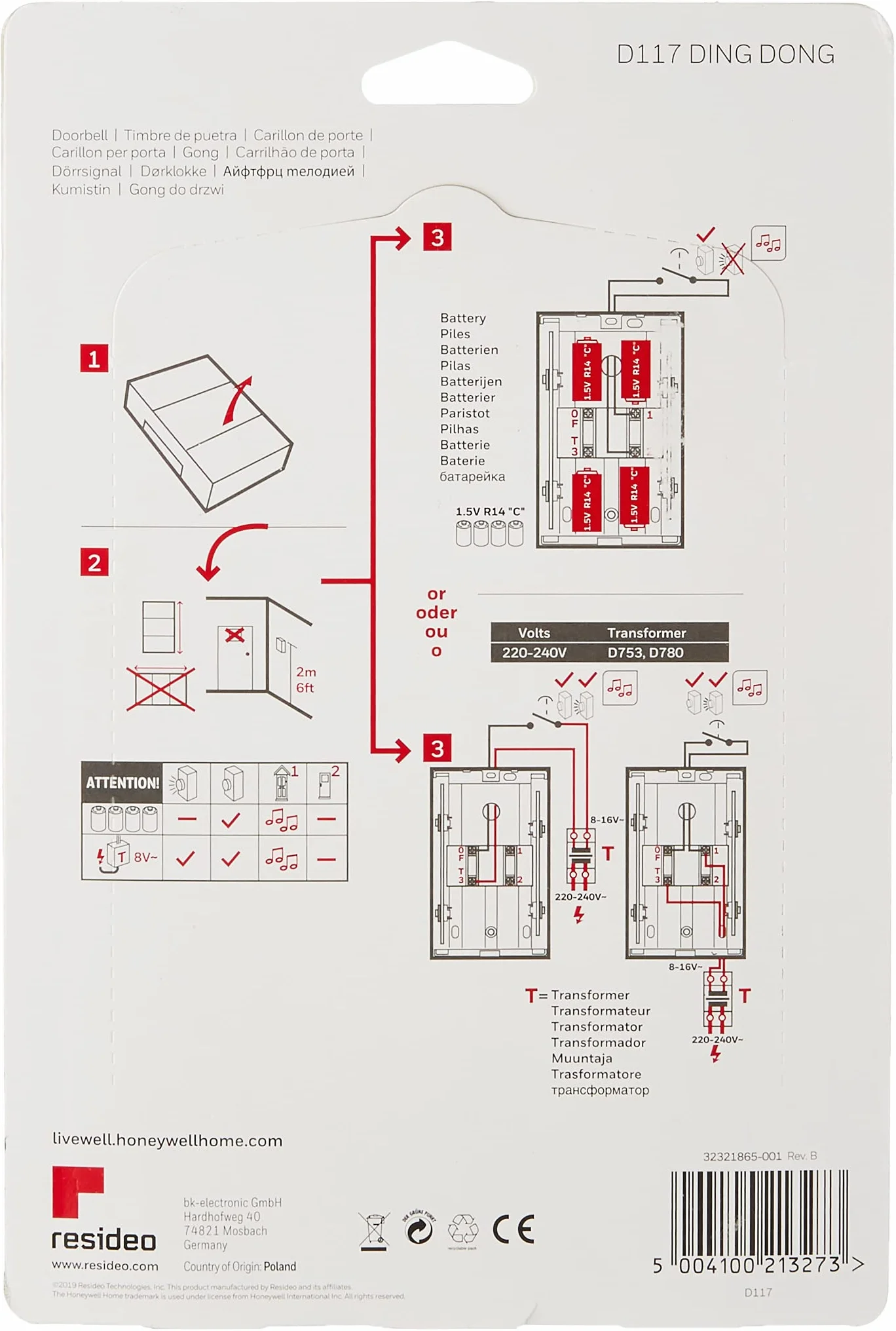 Honeywell Friedland D117 Timbre cableado Blanco